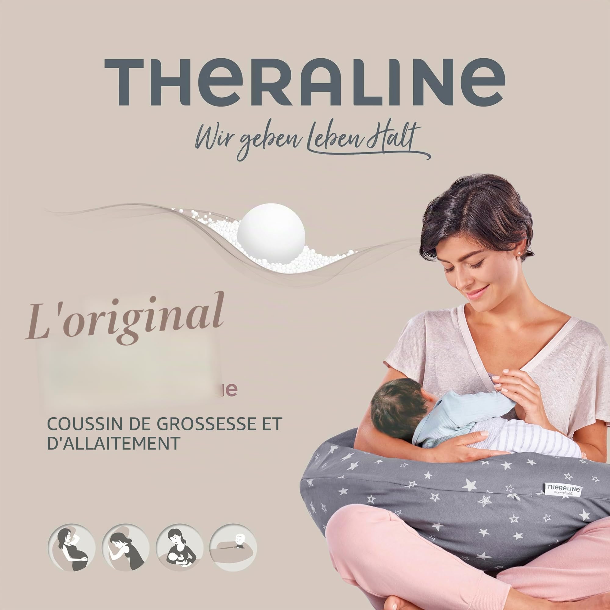 Theraline Coussin de Grossesse et d'allaitement Original - Garnissage en microbilles Fines - Housse extérieure Melange Gris Moyen - Collection Bambou - 190 cm