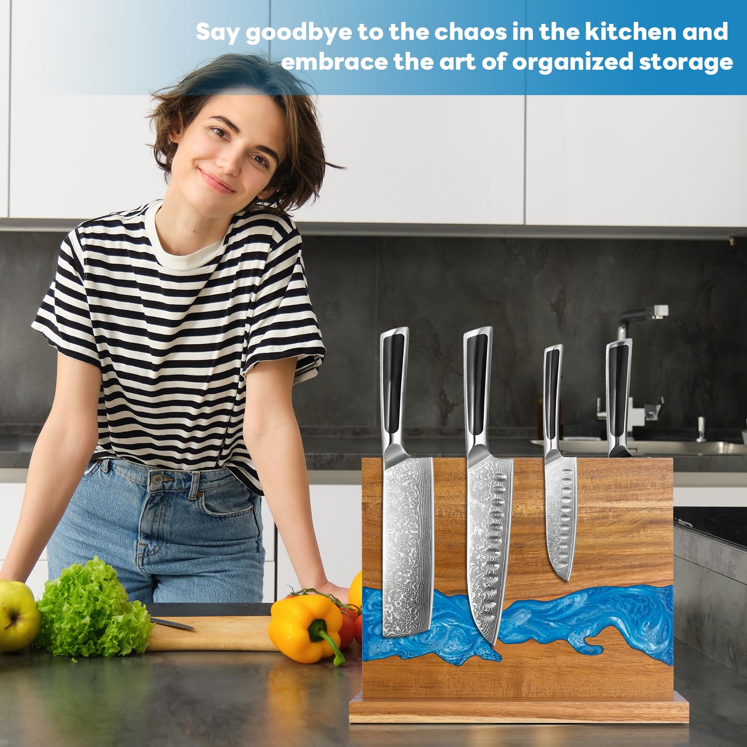 magnetic knife holder - Acacia wood Magnetic Knife Block, Magnetic Knife block stand with double-sided magnetic, blue resin river, 12.59 × 9.84 inches (Without knife) — Amazon image 3