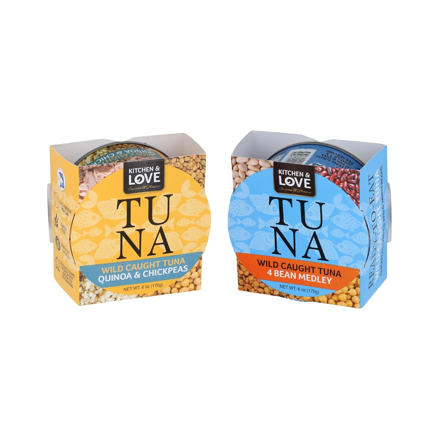 Kitchen & Love Wild Caught Tuna Variety Pack, 4 Bean Medley in Olive Oil 6 oz and Quinoa & Chickpeas in Olive Oil 6 oz (8 Pack)