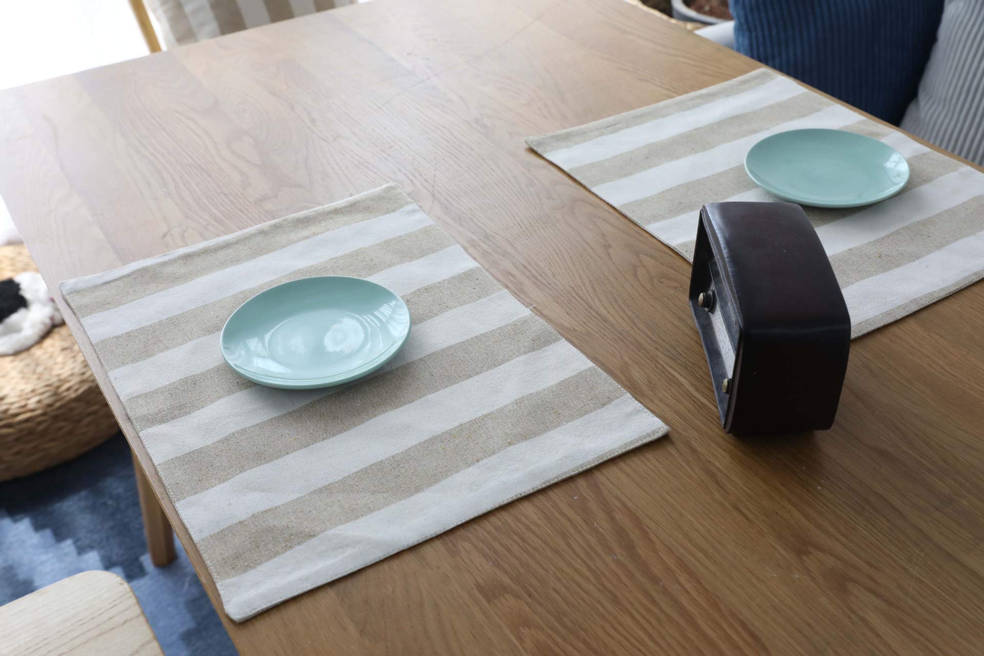 Esteras de tabla de la raya, manteles individuales antimanchas del aislamiento de calor, esteras de lugar lavables de la tela para la decoración de la mesa de la cocina del comedor,Beige_set of 6