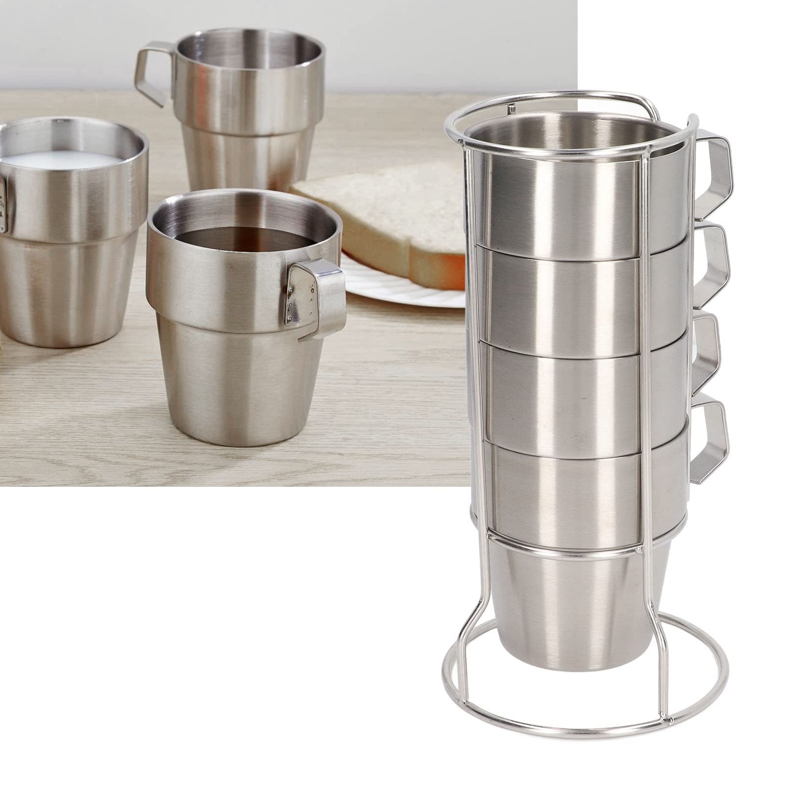 4er-Pack Stapelbare Doppellagige Kaffeebecher, Campingbecher aus Edelstahl mit Klappbarem Griff und Ständerhalter für Picknicks und Wanderungen Im Freien
