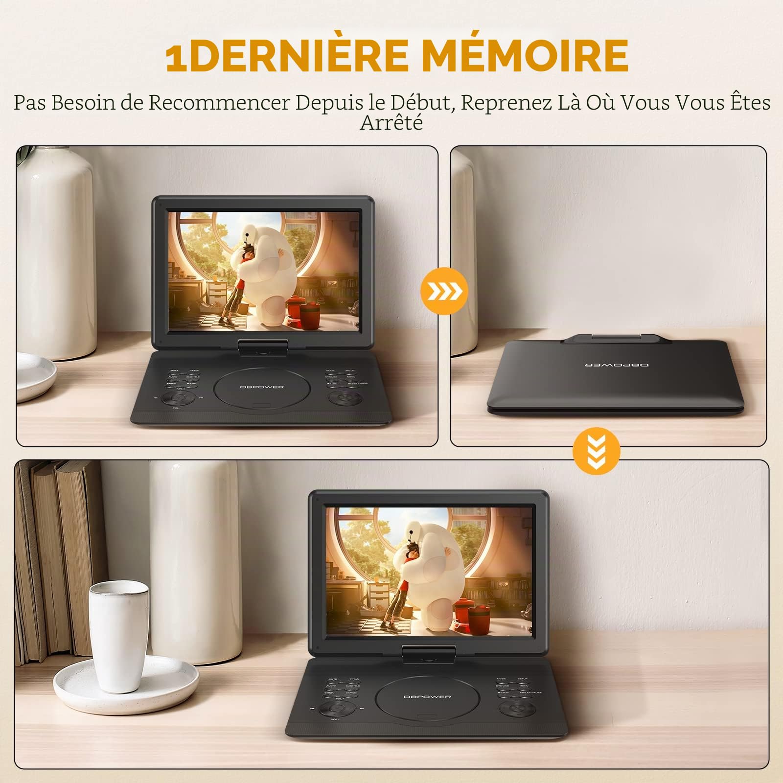 DBPOWER Lecteur DVD portable 16,9'' écran HD pivotant 14,1'' batterie rechargeable 6h 5000 mAh haut-parleur haut volume