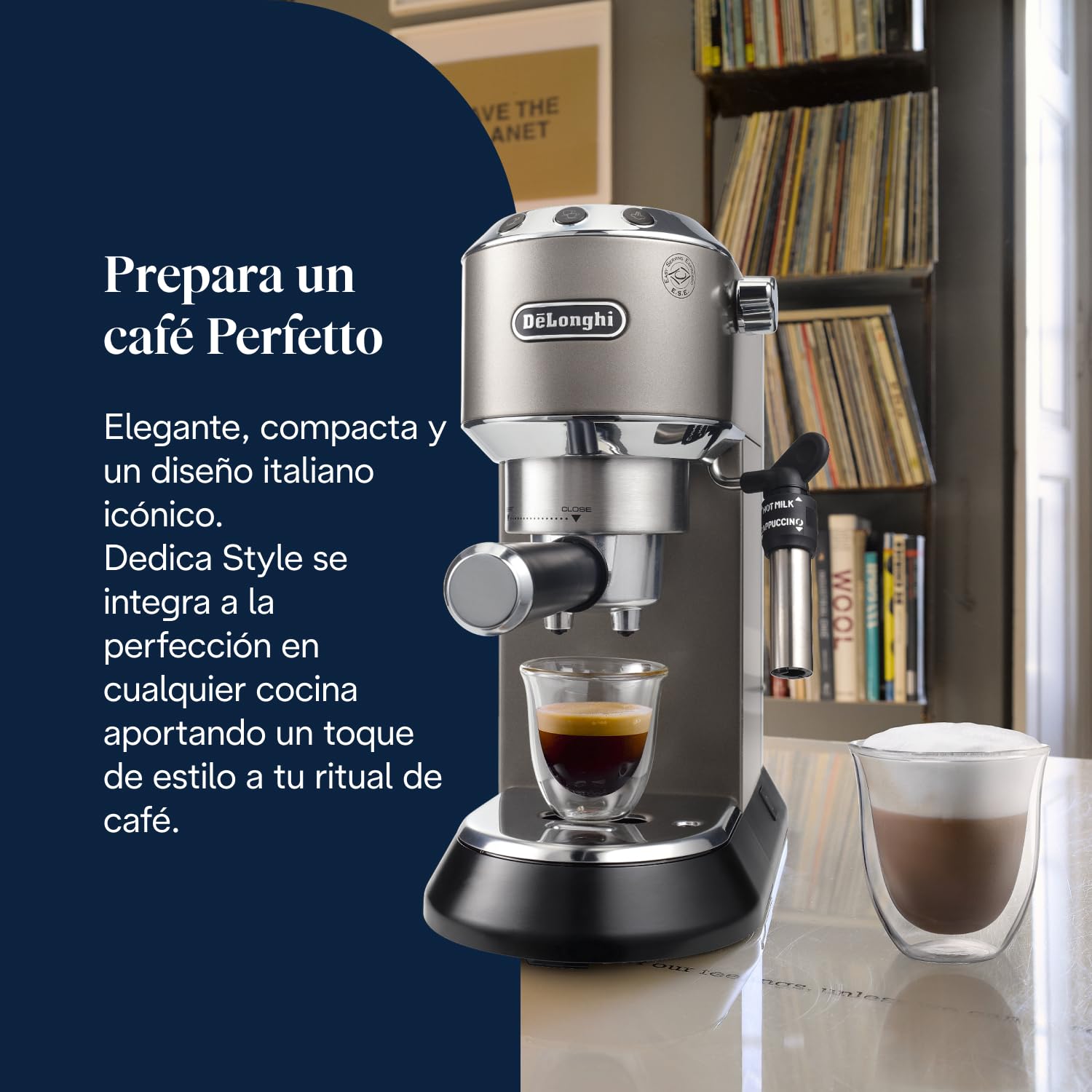 De’Longhi Dedica Style– Perfetto Cafetera Espresso Manual Compacta, Espumador de Leche Manual para Espresso y Cappuccino, Compatible con Monodosis ESE, Panel con Botones, Ancho 15cm, Titanio(EC685.TB)
