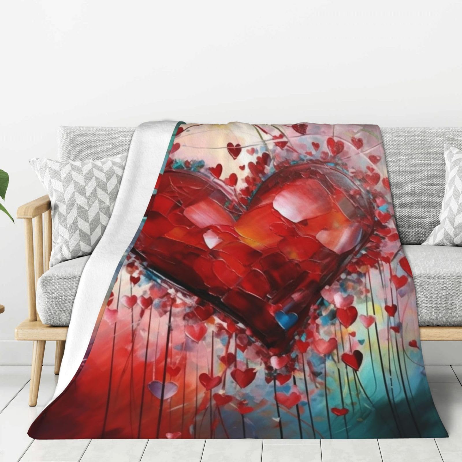 Couverture polaire en flanelle motif cœur abstrait pour lit et canapé de 152 x 203 cm