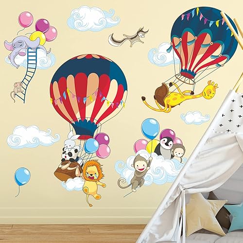 Miniatura 4 de RW-9152 Calcomanías de pared de globos de aire caliente coloridos, jirafa, mono, animales voladores, calcomanías de pared, bricolaje, globo
