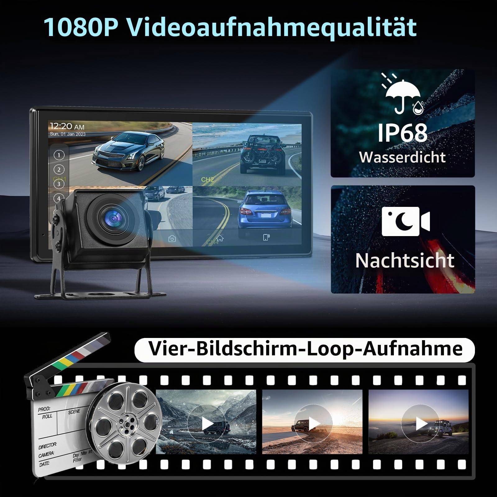 Hodozzy RV 4 Rückfahrkamera System mit Drahtloses Carplay Android Auto, 10.36 Zoll IPS Bluetooth Touchcreen, 1080P DVR mit USB/TF Karte, IP68 Wasserdicht Nachtsicht für RV LKW Anhänger Bus Camper