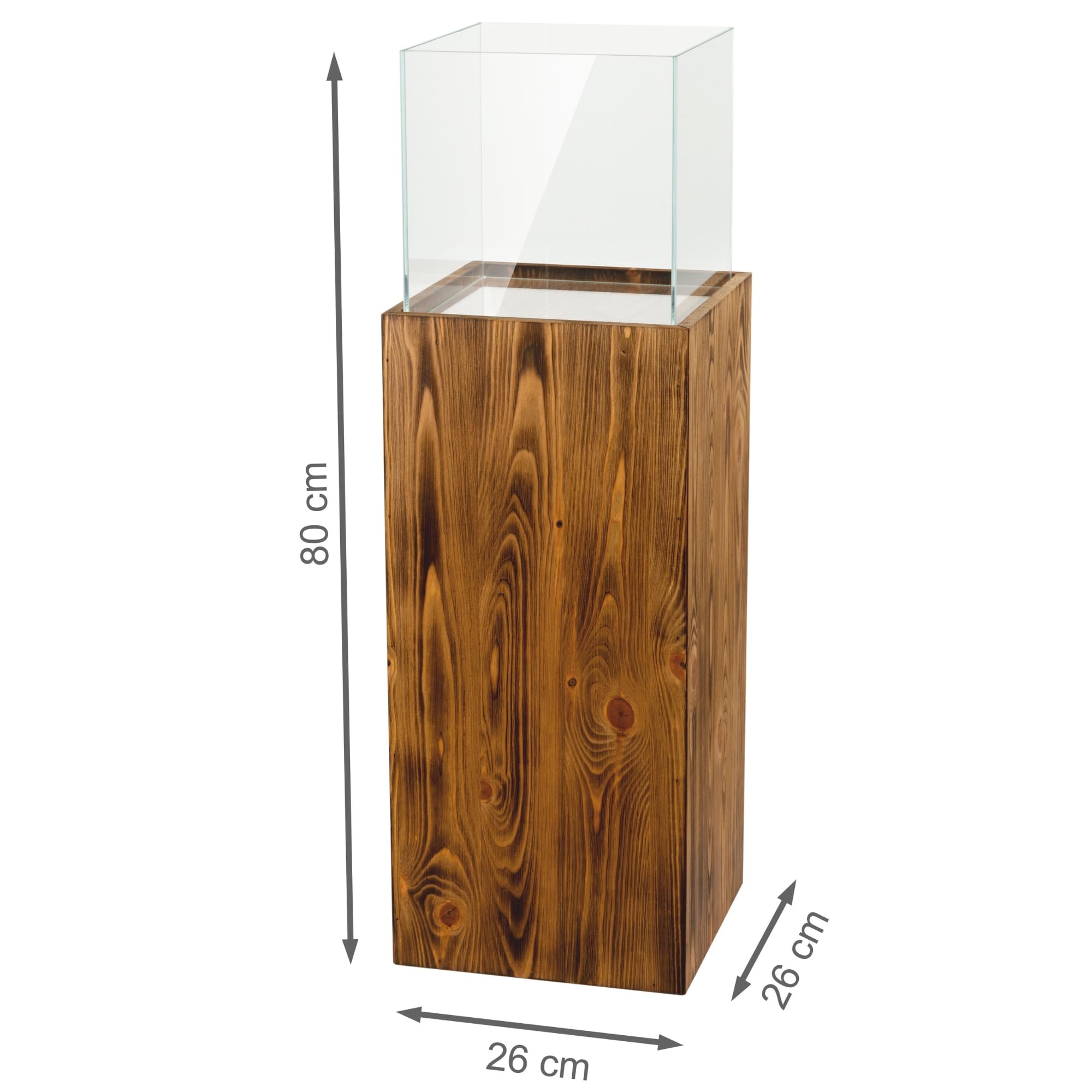 Colonna portacandela in legno e vetro, lanterna decorativa da pavimento, portacandela design per soggiorno, balcone e terrazza, finitura noce, altezza 80 cm