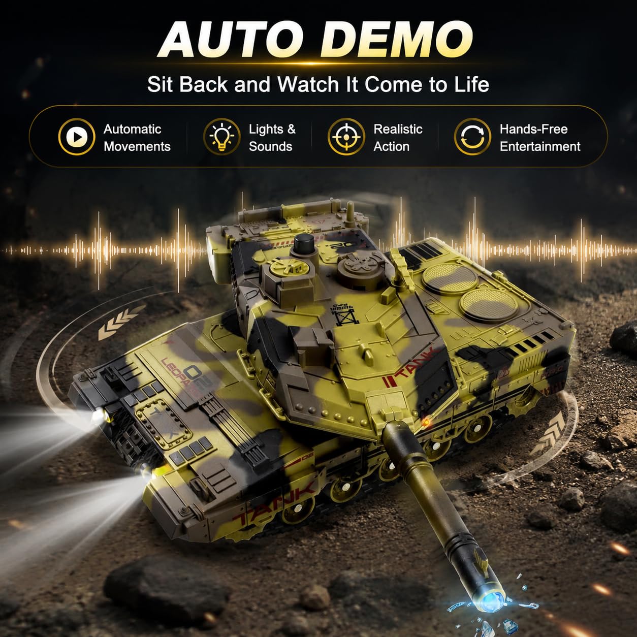 Tanque RC que dispara, modelo de vehículos militares de 2.4 GHz con torreta giratoria de 360°, demostración automática, sonido, humo y luz, tanque militar de control remoto para adolescentes y