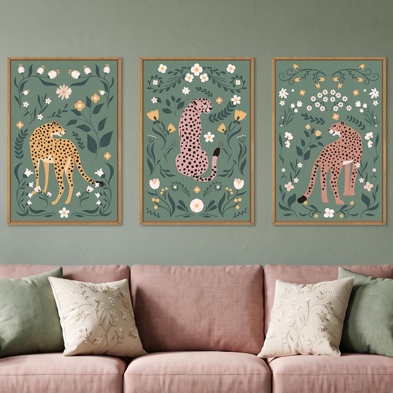 KAIRNE Sage Green Cheetah Botanical Framed Canvas Wall Art Set-16"x24"x3