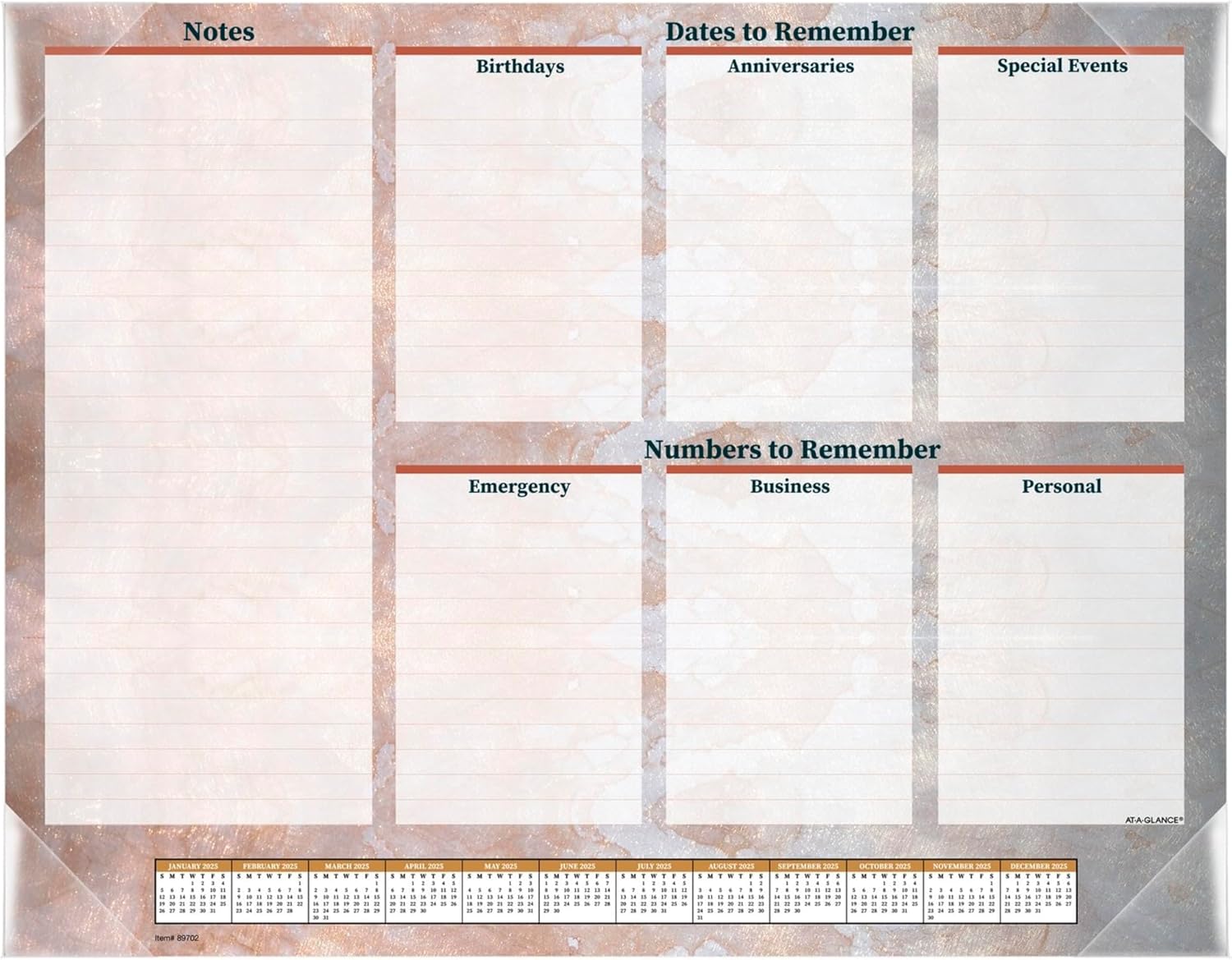 2025 AT-A-GLANCE® Marbled Monthly Desk Pad, 21-3/4" x 17", Traditional, January 2025 To December 2025, 89702