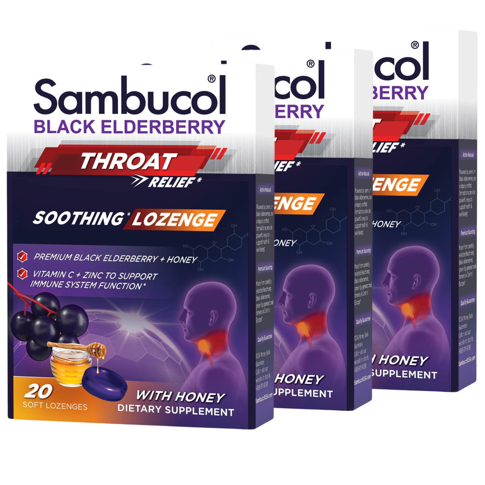 Black Elderberry Throat Lozenge - With Honey, Vitamin C & Zinc, Elderberry Lozenges Sore Throat & Cough, Soothes Scratchy Throat, Supports Immunity, Soft & Chewy - 3-Pack (60 Total Pastilles)