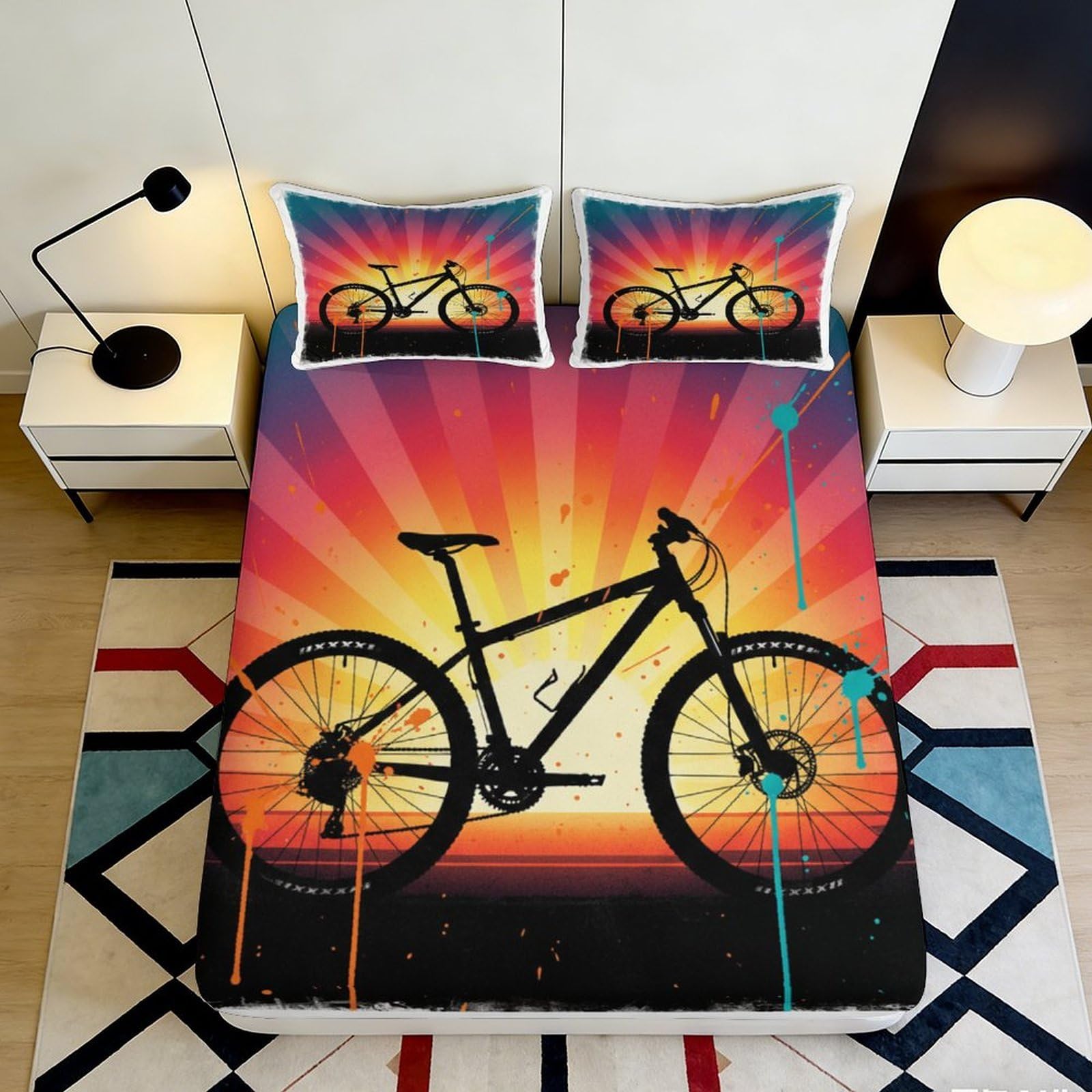3D Printed Bicycle Silhouette Fitted Sheet Microfiber Soft Breathable Sunset Pattern Bed Cover for Bedroom Dormitory Guest Room Protection Decor 160x200x25cm