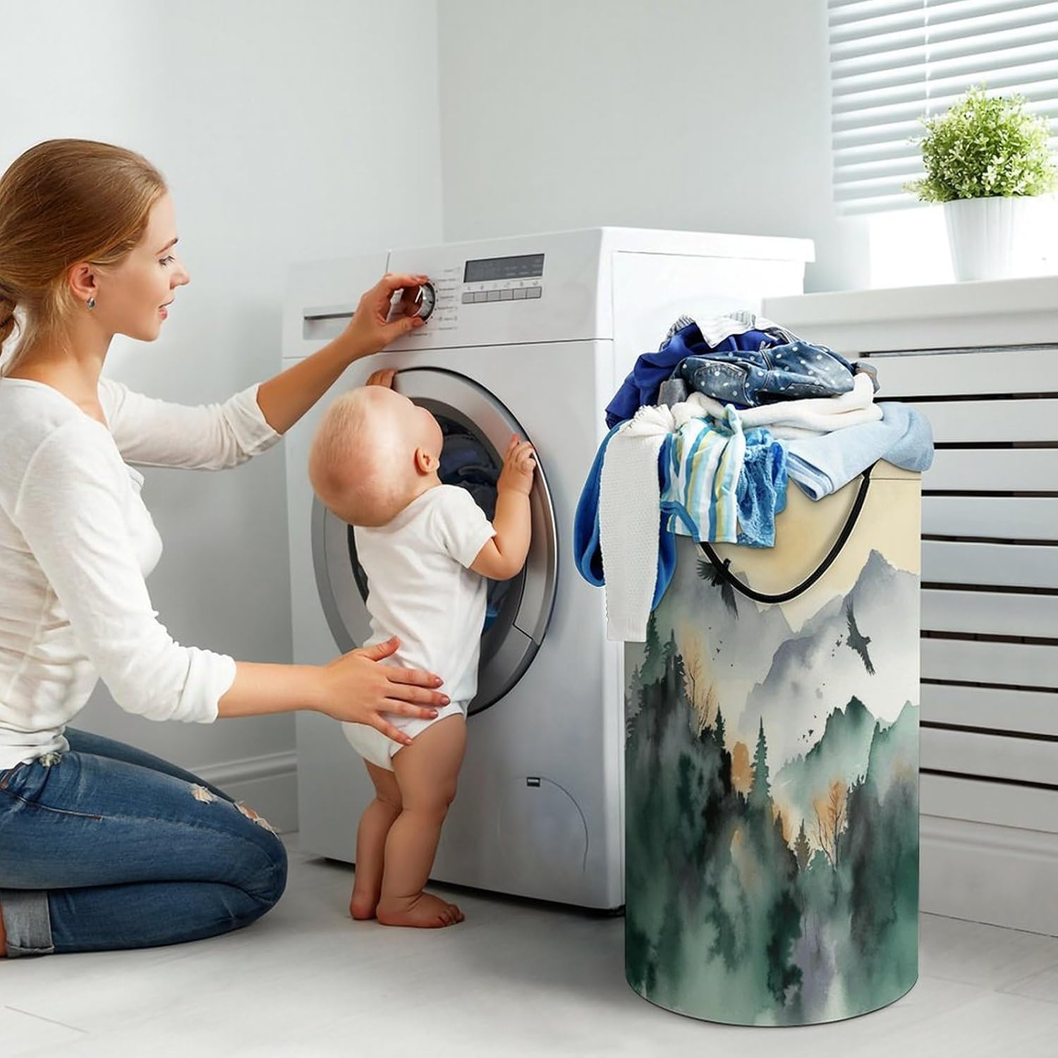 Mountain Birds Watercolor Laundry Hamper Portable Lightweight Clothes Hampers Fashion Dirty Laundry Storage Basket Large Capacity Foldable Clothes Baskets for Bathroom Bedroom