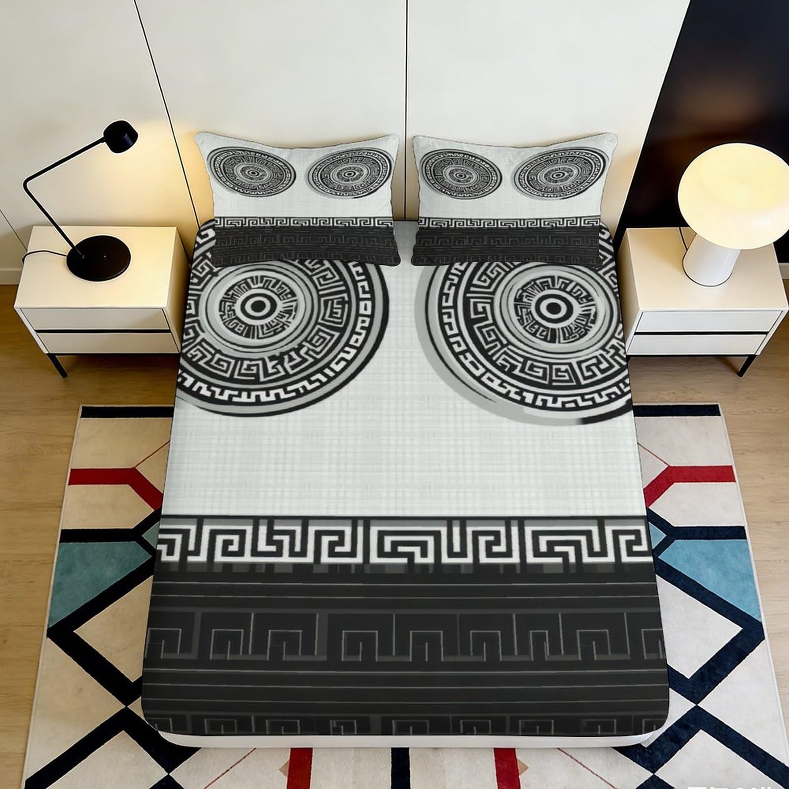 3D Printed Geometric Mandala Fitted Sheet Microfiber Black White Greek Pattern Mattress Cover for Bedroom Decor 90x200x25cm