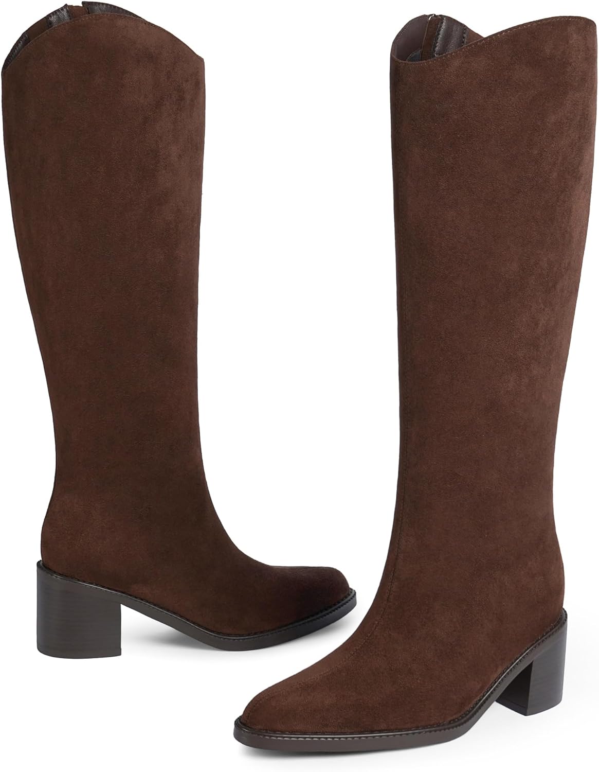 Modatope Brown Suede Knee High Boots for Women Pointed Toe Chunky Block Heel Tall Boots Side Zipper Low Heel Long Boot Size 8.5 - Image 8