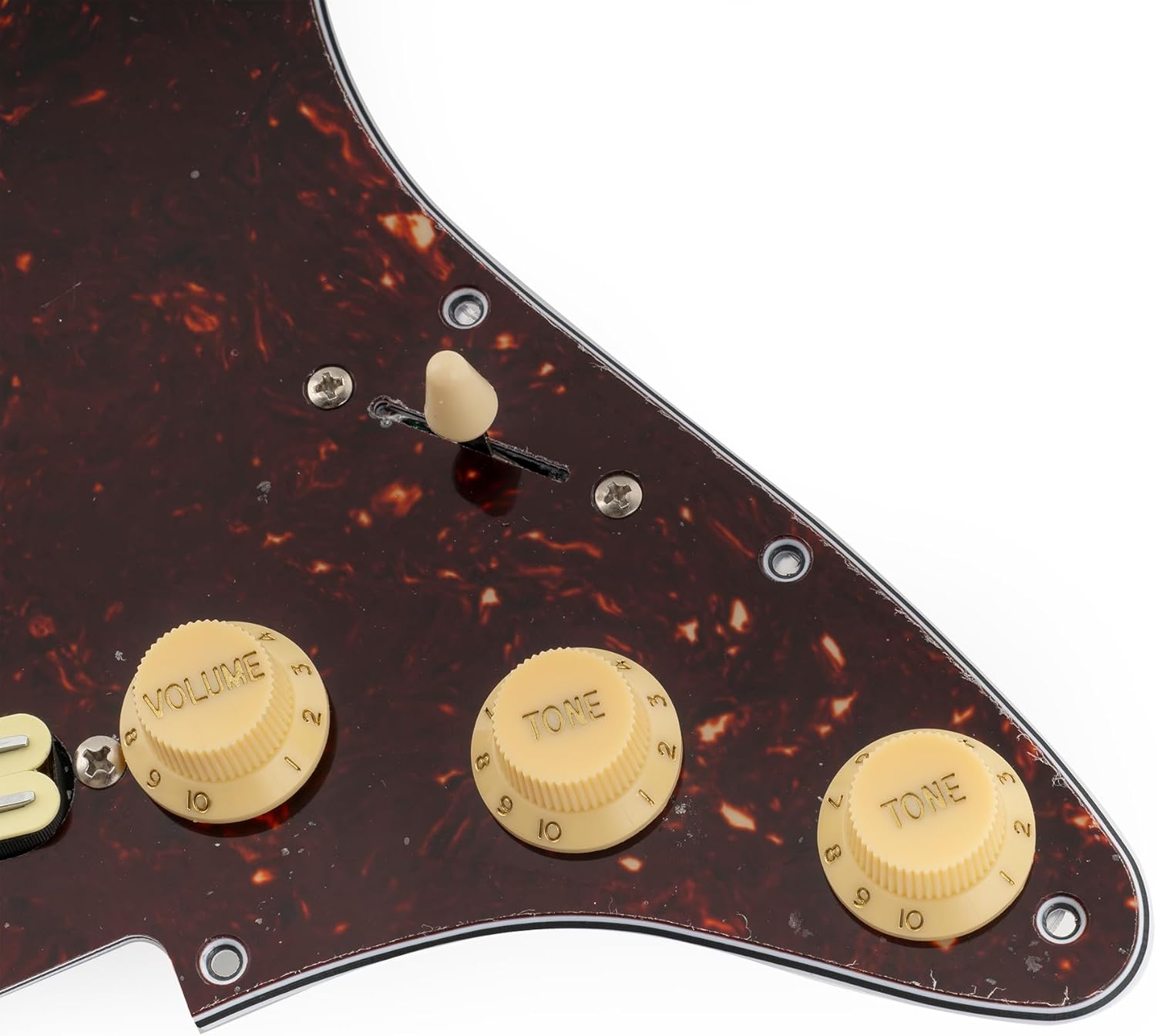 Musiclily Pro-SE ST-DPHC Pre-wired SSS Pickguard with Ceramic Mini Rail Humbucker for Strat Style Electric Guitar, 4Ply Tortoise Shell