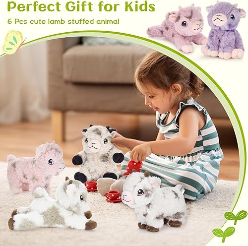 Miniatura 6 de Tezituor Juego de 6 animales de peluche de oveja, 8 pulgadas, lindo peluche de cordero para fiesta de cumpleaños, juguete de cordero de oveja de