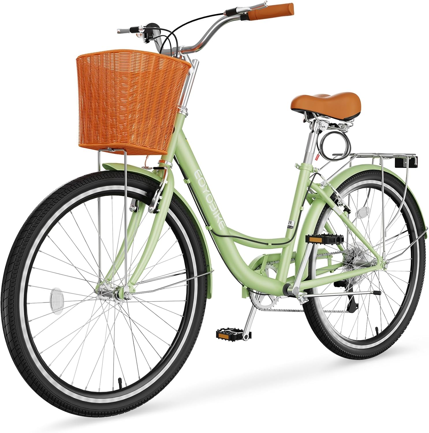 MOPHOTO Women's 7-Speed Step-Through City Bike, 24/26 Inch Beach Cruiser Bicycle for Adults with Front Rattan Basket & Rear Rack, 85% Pre-Assembled Comfort Commuter Bike, 350 lbs Capacity