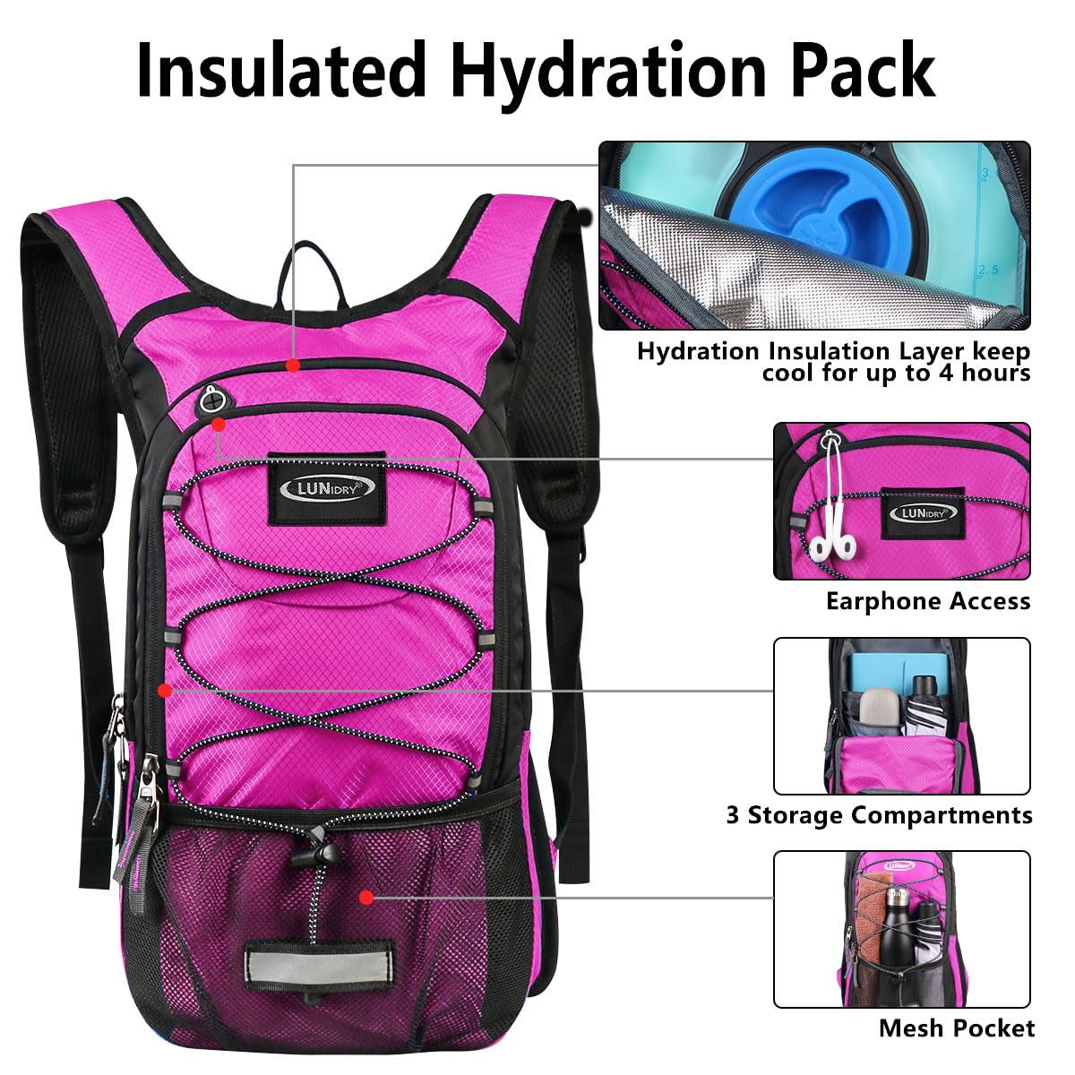 Sac à dos d'hydratation isotherme avec poche à eau de 3 L sans BPA, garde les liquides au frais jusqu'à 5 heures, sac à dos pour la randonnée, la course, le vélo, la chasse, l'escalade