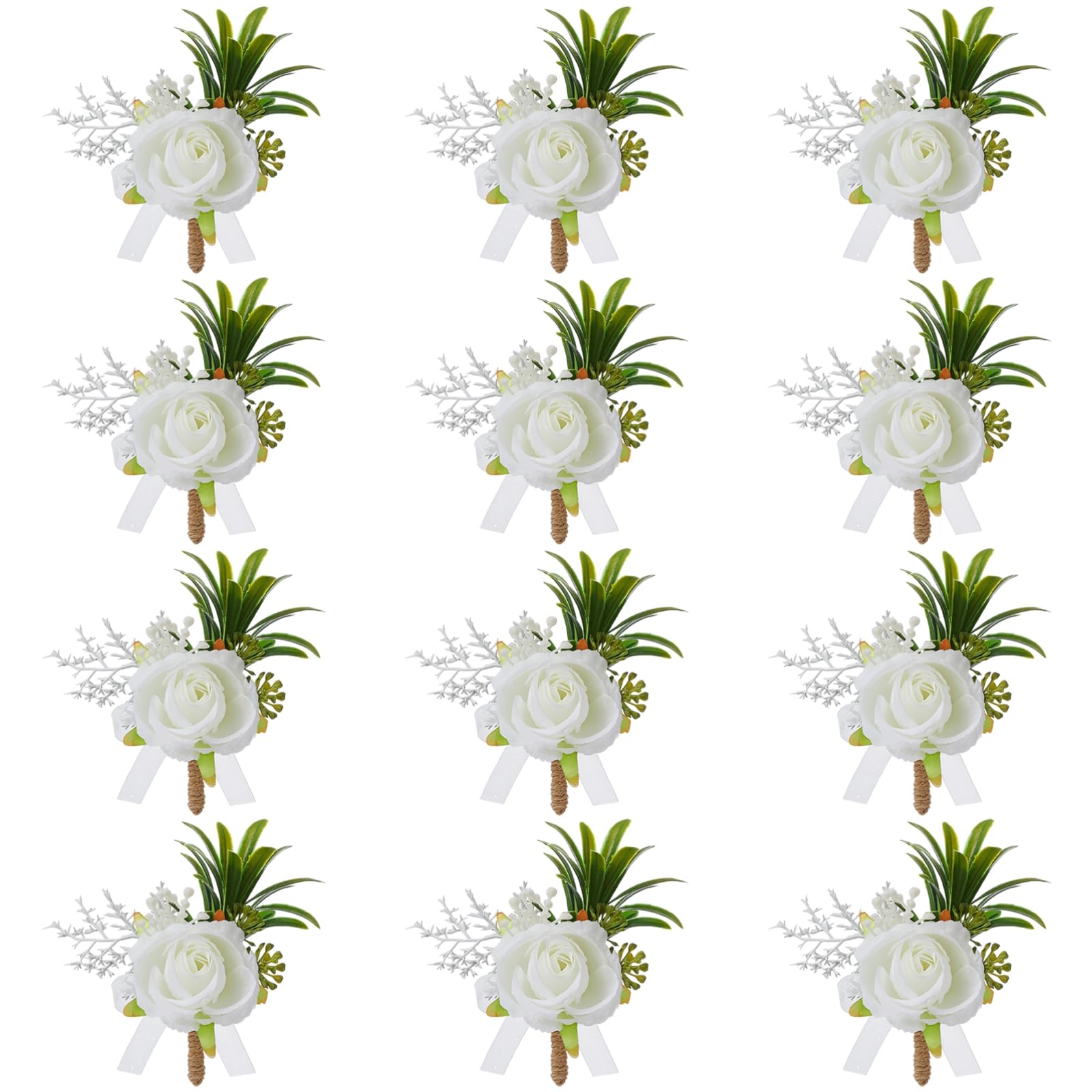 Boutonnière et corsage de poignet rose blanche en lot de 12 pour mariage