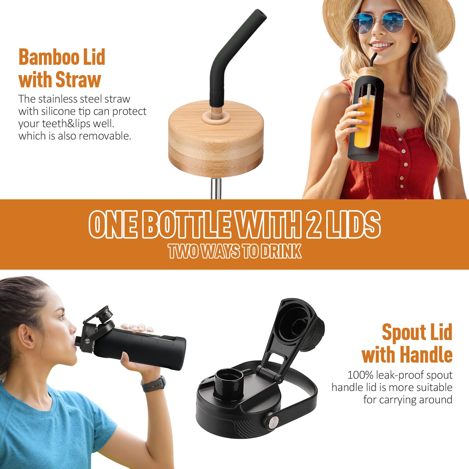 BLUEGO Borraccia in vetro da 600ml con cannuccia e 2 coperchi, tazza da caffè in vetro con custodia in silicone, senza BPA, Nero