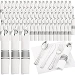Supernal 120pack Silver Plastic Silverware,Rolled Plastic Silverware,Pre Rolled Napkins with Cutlery Set,Wrapped Disposable Cutlery Set with Napkin Perfect for Christmas Thanksgiving Halloween Party