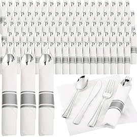 Supernal 120pack Silver Plastic Silverware,Rolled Plastic Silverware,Pre Rolled Napkins with Cutlery Set,Wrapped Disposable Cutlery Set with Napkin Perfect for Christmas Thanksgiving Halloween Party