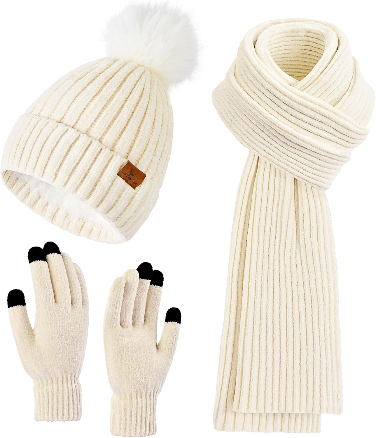 Womens Winter Beanie Hat Scarf Touchscreen Gloves Set Knit Warm Skull Caps Long Neck Scarves for Women Men