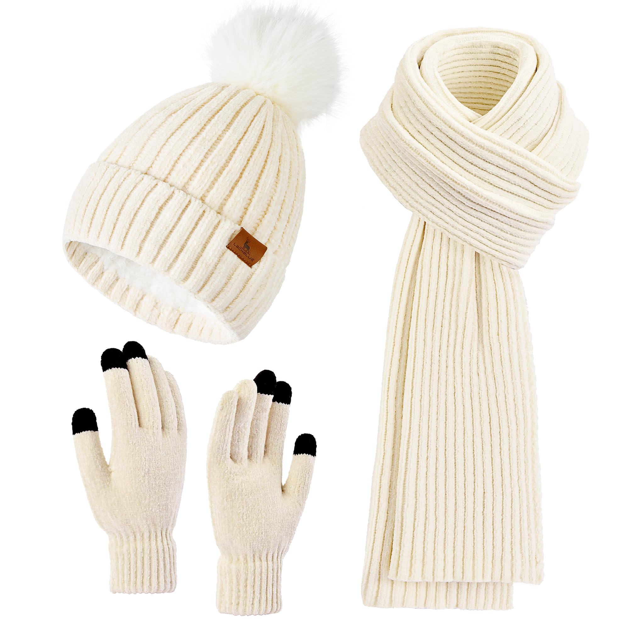 Womens Winter Beanie Hat Scarf Touchscreen Gloves Set Knit Warm Skull Caps Long Neck Scarves for Women Men-image-35