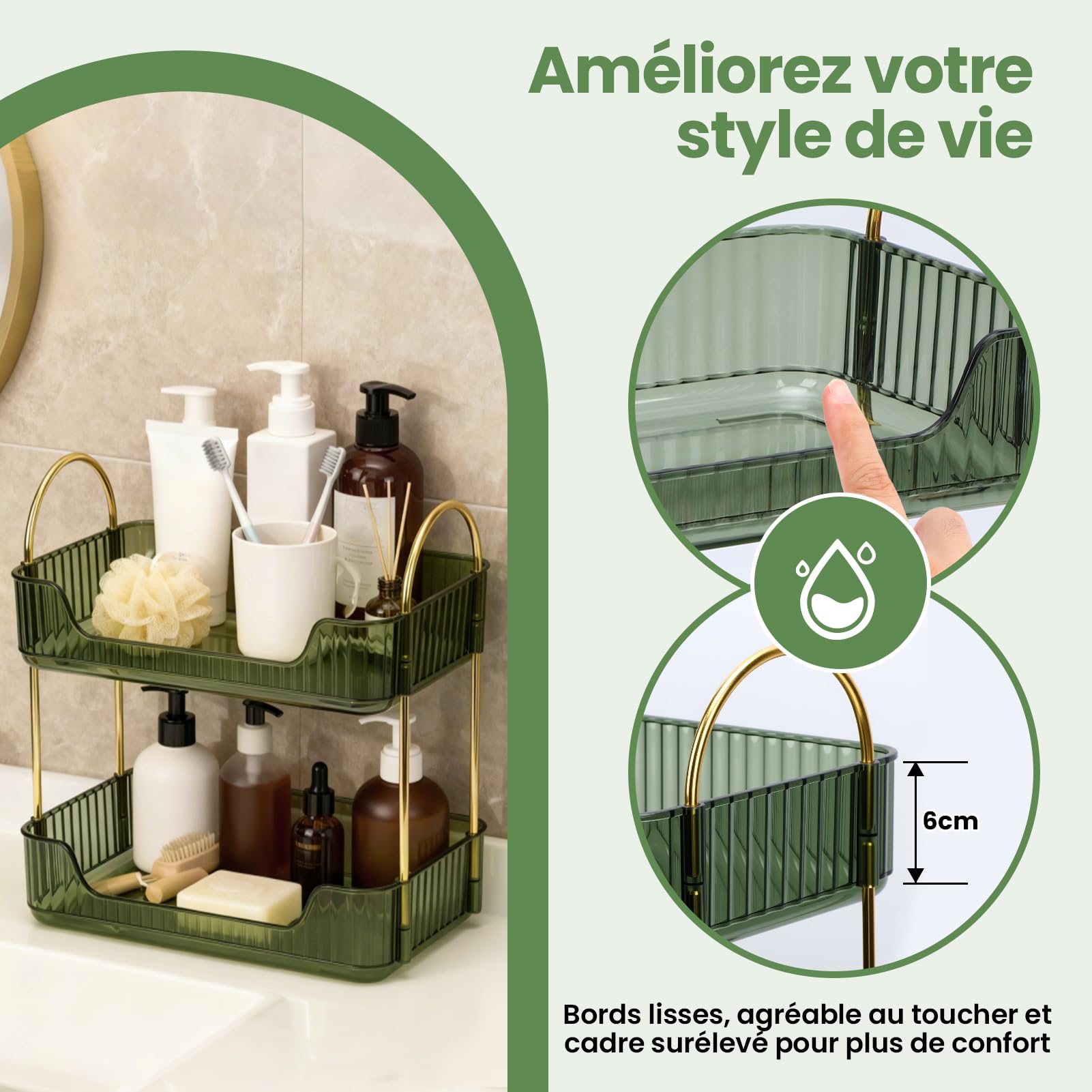 Organiseur de Maquillage en métal Pet à 3 Couches - Rangement modulaire Multifonction avec Accessoires lavables pour Maquillage, Soins de la Peau et Parfum (Vert foncé, Deux Couches)
