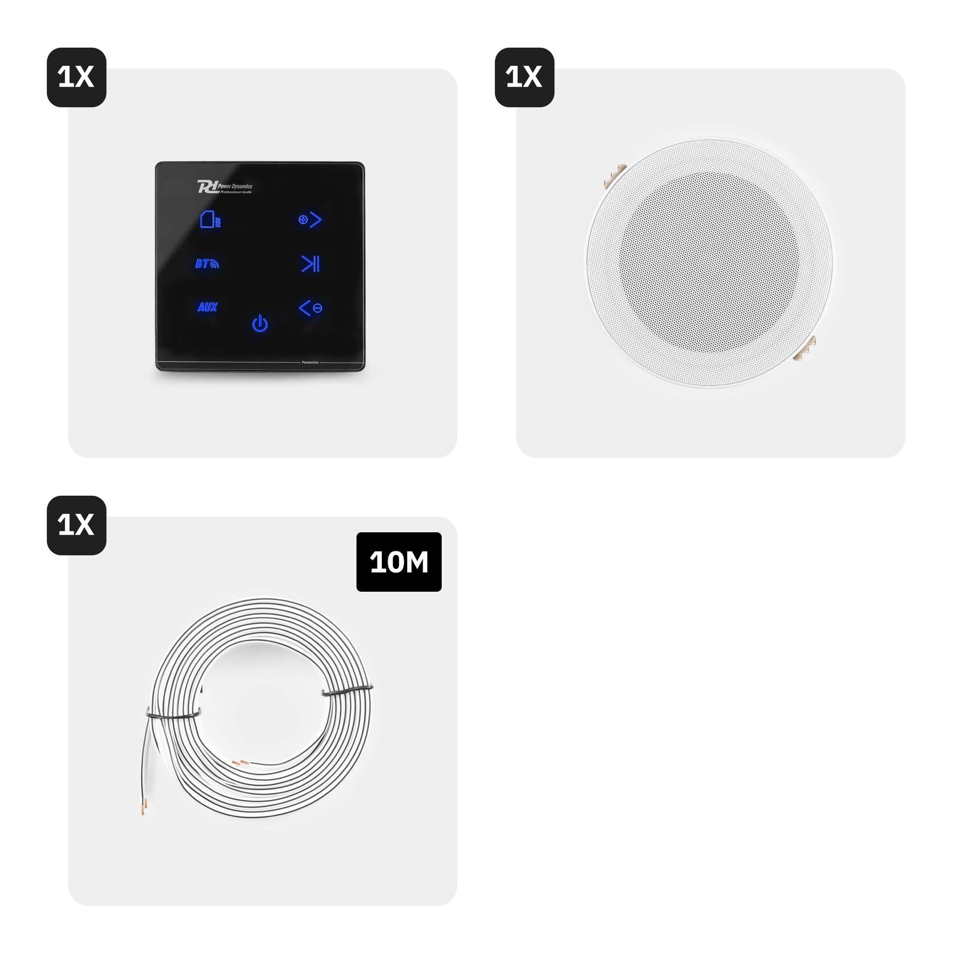 Power Dynamics Powerline A50B Pack Amplificateur Mural avec 2 Enceintes de Salle de Bain - 80 Watts, Câbles Inclus, BT 5.0, USB et Micro SD, Écran Tactile, Idéal pour Sonorisation de la Maison | Protection IPX5, convient pour les zones humides, lecture sa