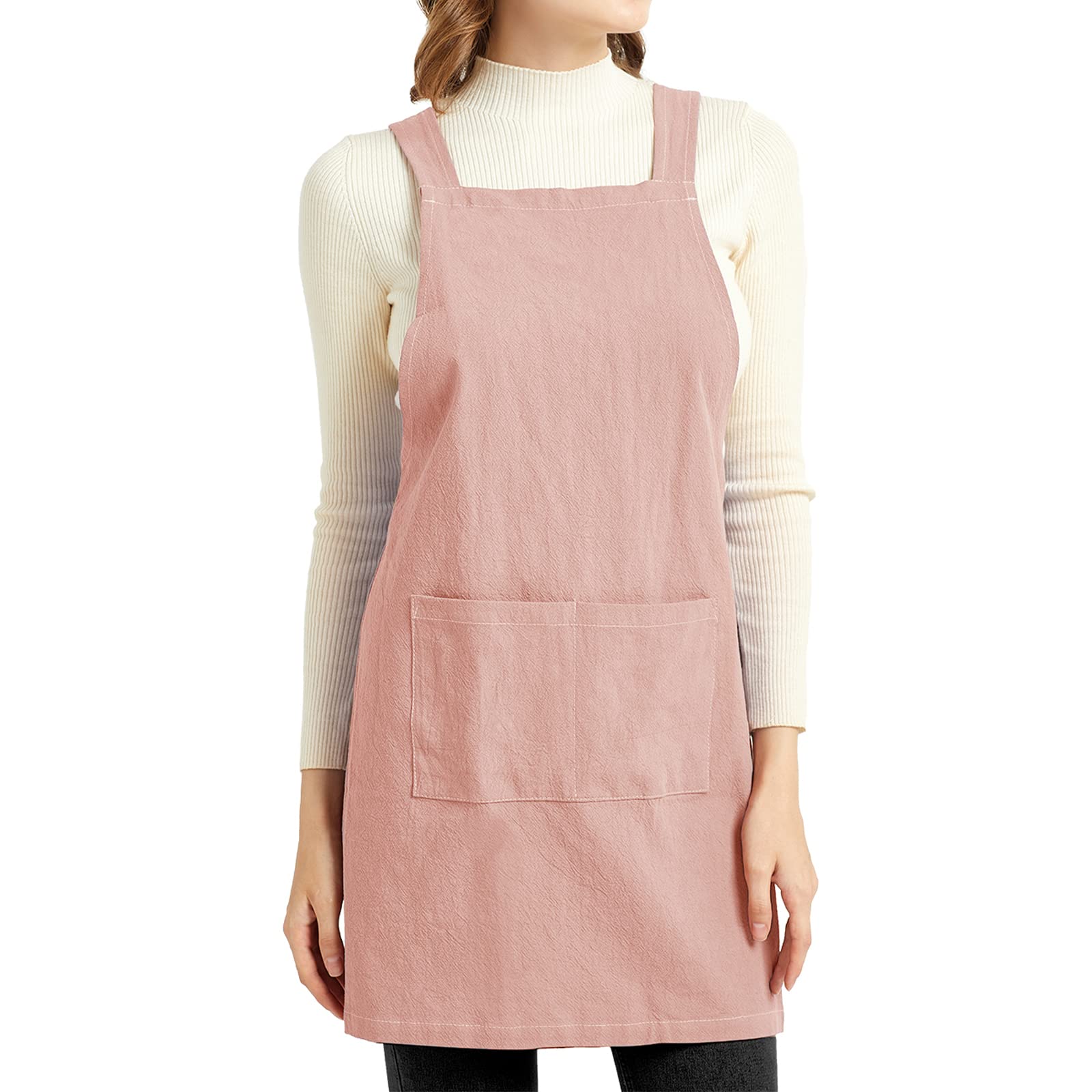 ELEZAY Aprons for Women with Pockets Plus Size Comfort Cross Back No Tie Cotton Linen Apron Pinafore