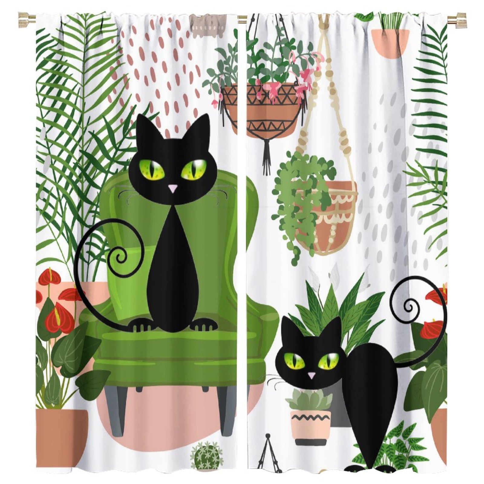 XBDDZSW Potted Plant Black cat Curtain Greenhouse Tropical Plant Mischievous Black cat Boho Flower Cactus Garden Pattern Printing Curtain Bedroom Living Room Decoration Blackout Curtain W63 * L72inch