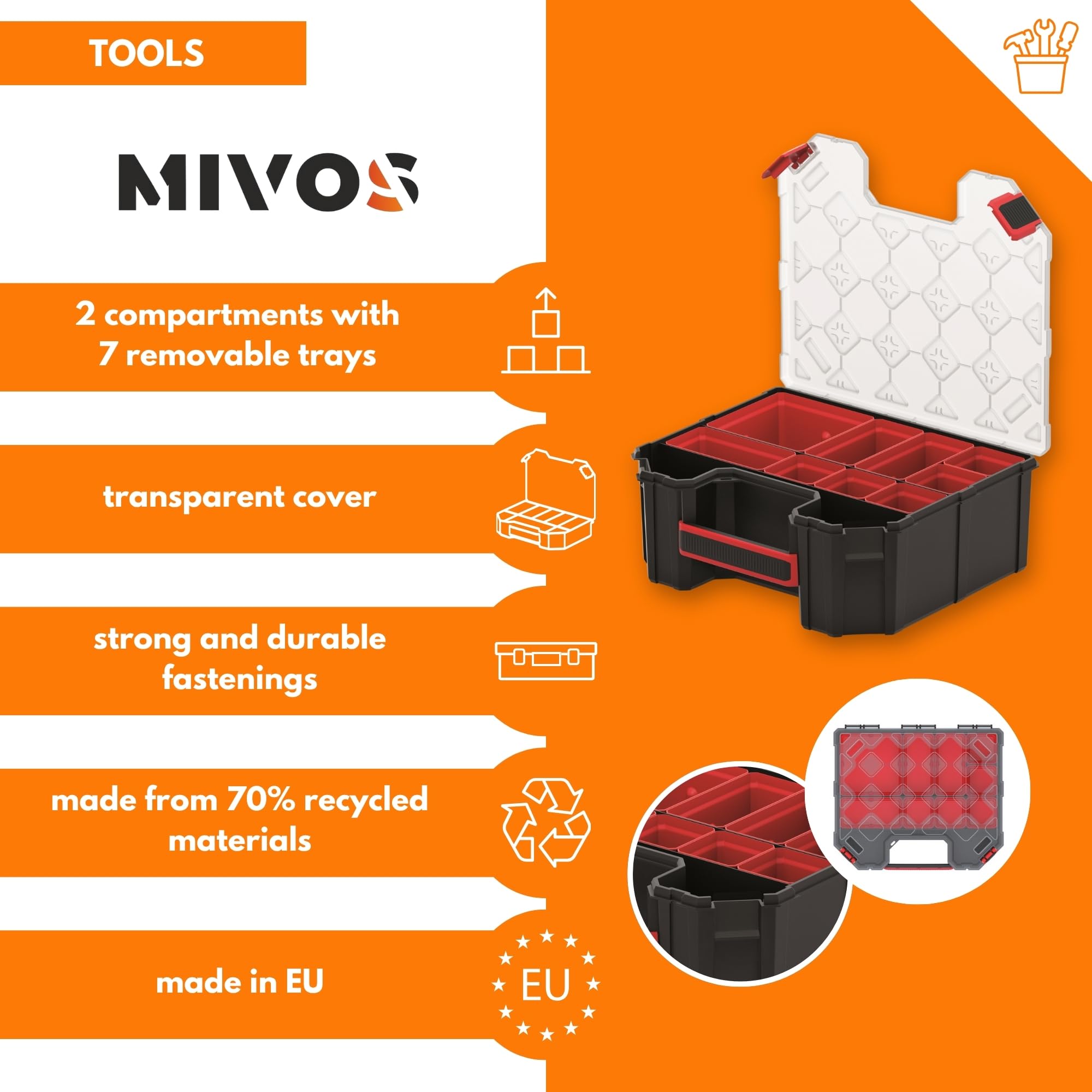 Mivos Skrzynka na akcesoria i małe części – 284 x 243 x 105 mm – pudełko na śruby z 7 wyjmowanymi pojemnikami wewnętrznymi – skrzynka do sortowania – stabilna skrzynka narzędziowa do warsztatu