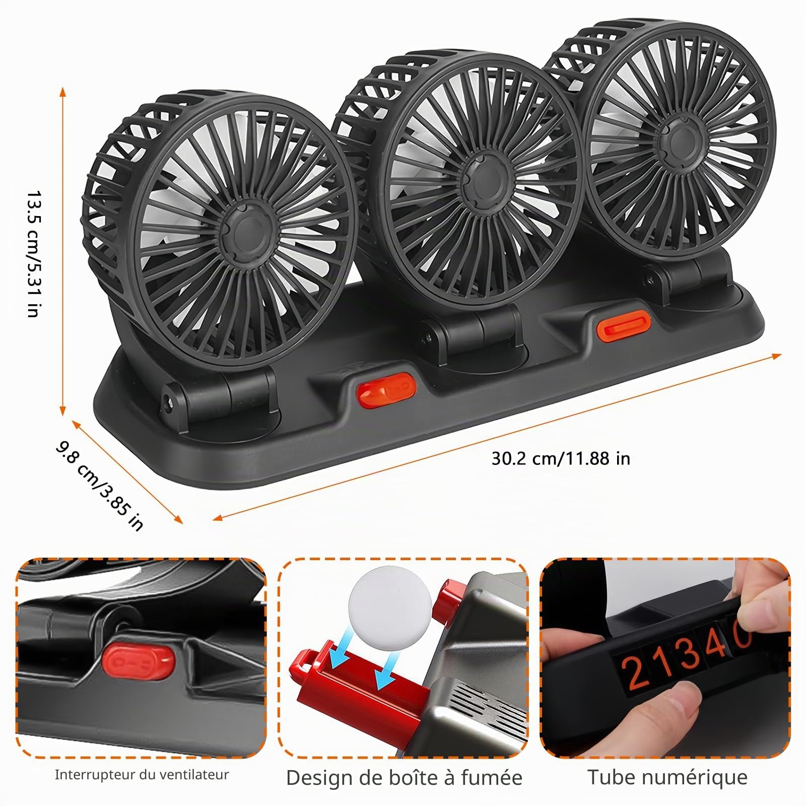 Ventilateur de voiture 12 V/24 V - 3 têtes - Pour siège arrière - Rotation à 360 ° - Avec 2 vitesses - Pour camion, camionnette, SUV, camping-car, bateau