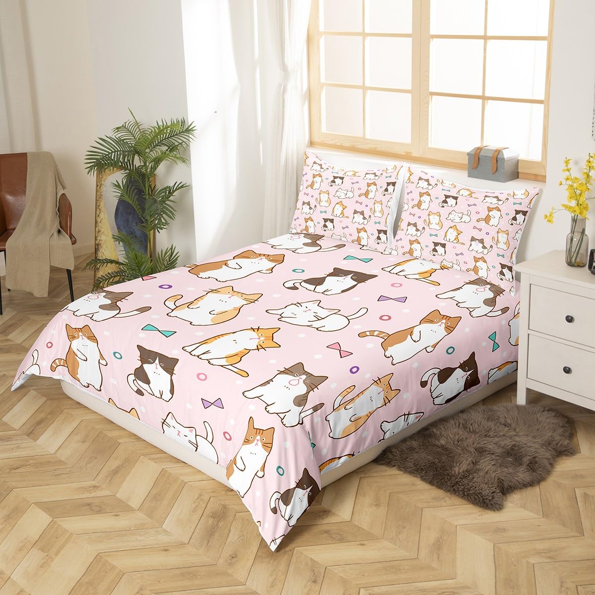 Manfei Kawaii Cats Duvet Cover Set Double Size, Cartoon Animal Theme Comforter Cover with 2 Pillowcases - Image 2