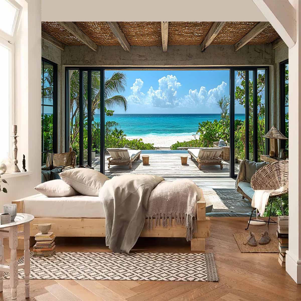 FENDROM Beach Decor Tapestry Ocean Sea Tropical Island Palm Tree Scenic View from Window Blue Sky, White Clouds Summer Wall Hanging for Bedroom Living Room Dorm