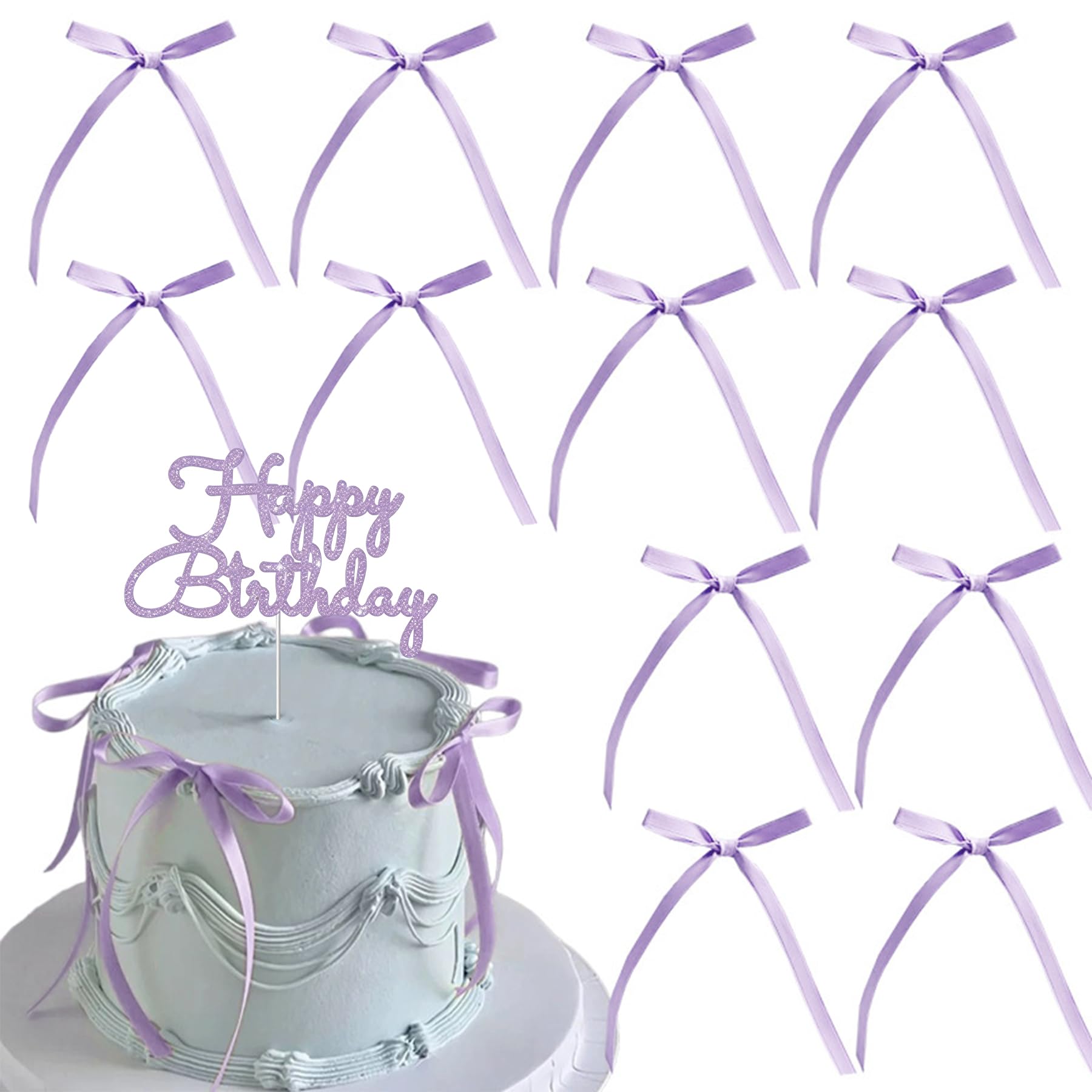 Bow Cake Toppers - Purple Bow Cake Topper, Purple Bowknot Ribbons, Purples Birthday Cake Topper, 20pcs Purples Cake Decorations for Birthday Bachelorette Anniversary, with Happy Birthday Sign