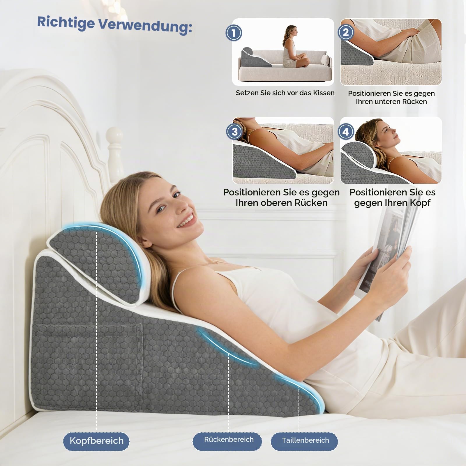 Lesekissen für Bett und Sofa, Gebogenes Keilkissen Bett mit Memory-Schaum, Ergonomisches Rückenlehne Kopfkissen, Reflux Kissen, Waschbare Hülle, Reflux Kissen Erwachsene，50 * 50 * 30cm