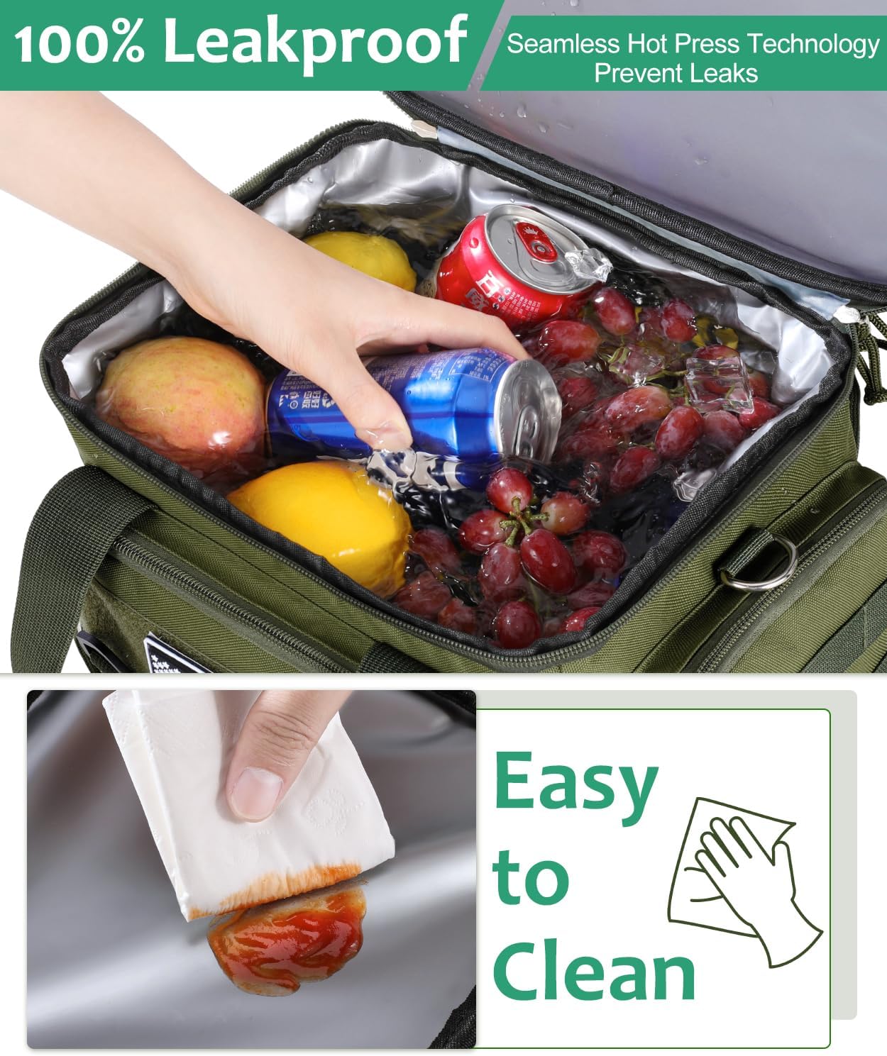 Tactical Lunch Box for Men, Expandable Large Insulated Lunch Bag for Adult, Heavy Duty Double Deck Lunch Cooler Bag with Shoulder Strap, Leakproof Soft Lunch Pail with American Flag - Green - Image 6