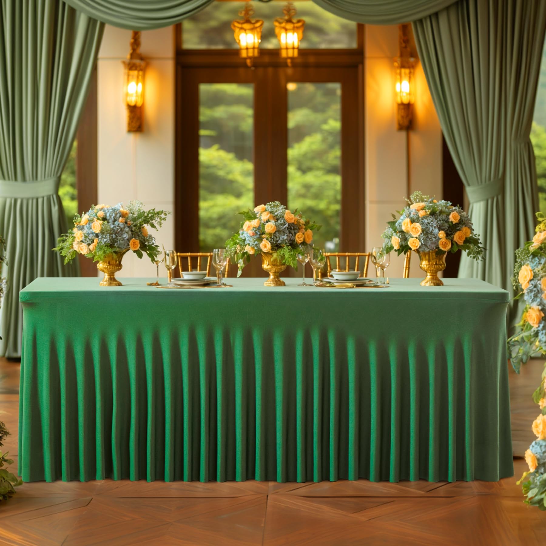 Besutolife Emerald Green Spandex Tablecloth 8ft Rectangle Table Skirt Stretch Table Cover for Banquets Parties Wedding Dining Table