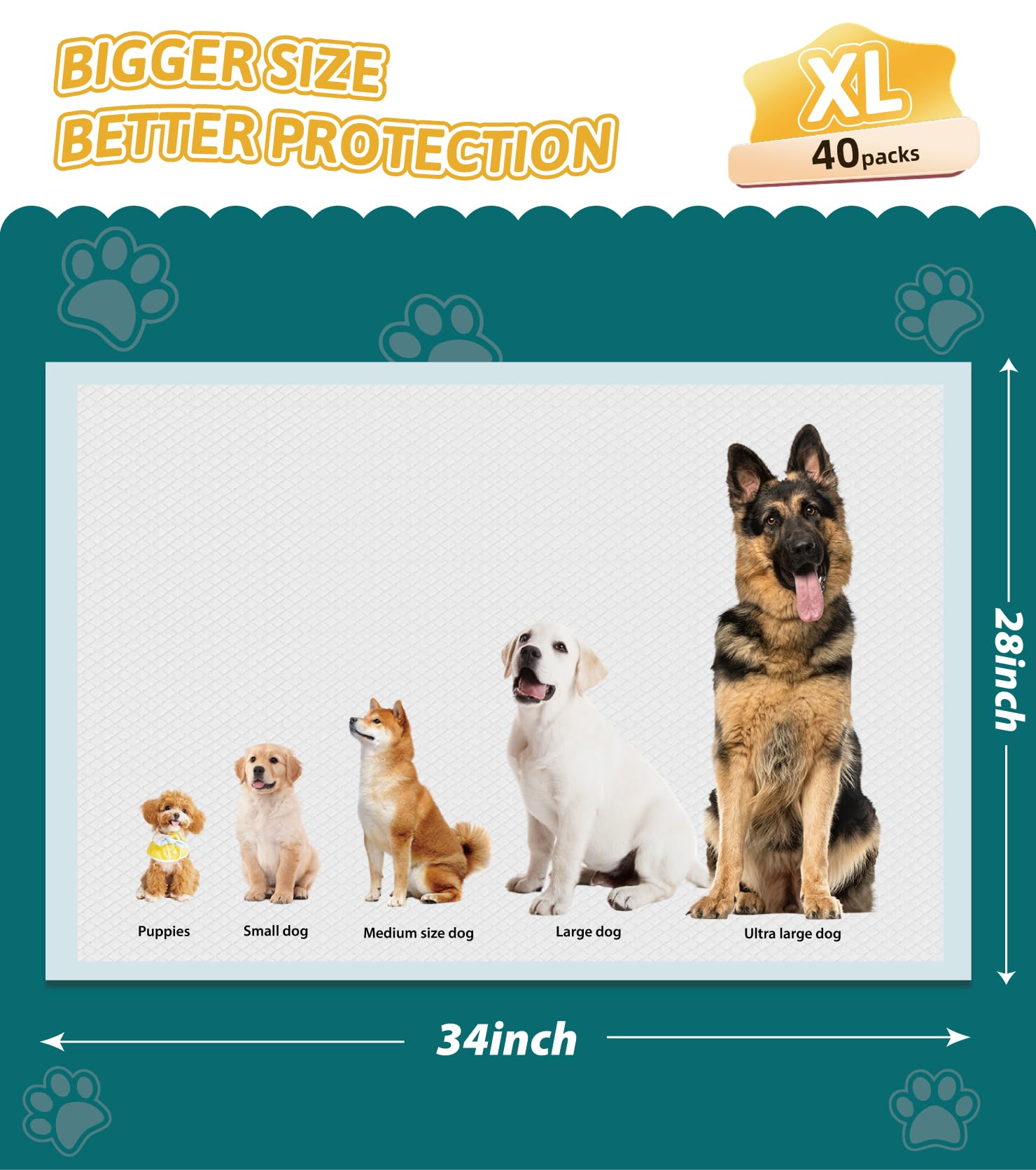 GWT - Almohadillas de entrenamiento para orina de perro, secado rápido y diseño de 5 capas a prueba de fugas, azul y blanco (40 unidades, extra grandes, 28 x 34 pulgadas)