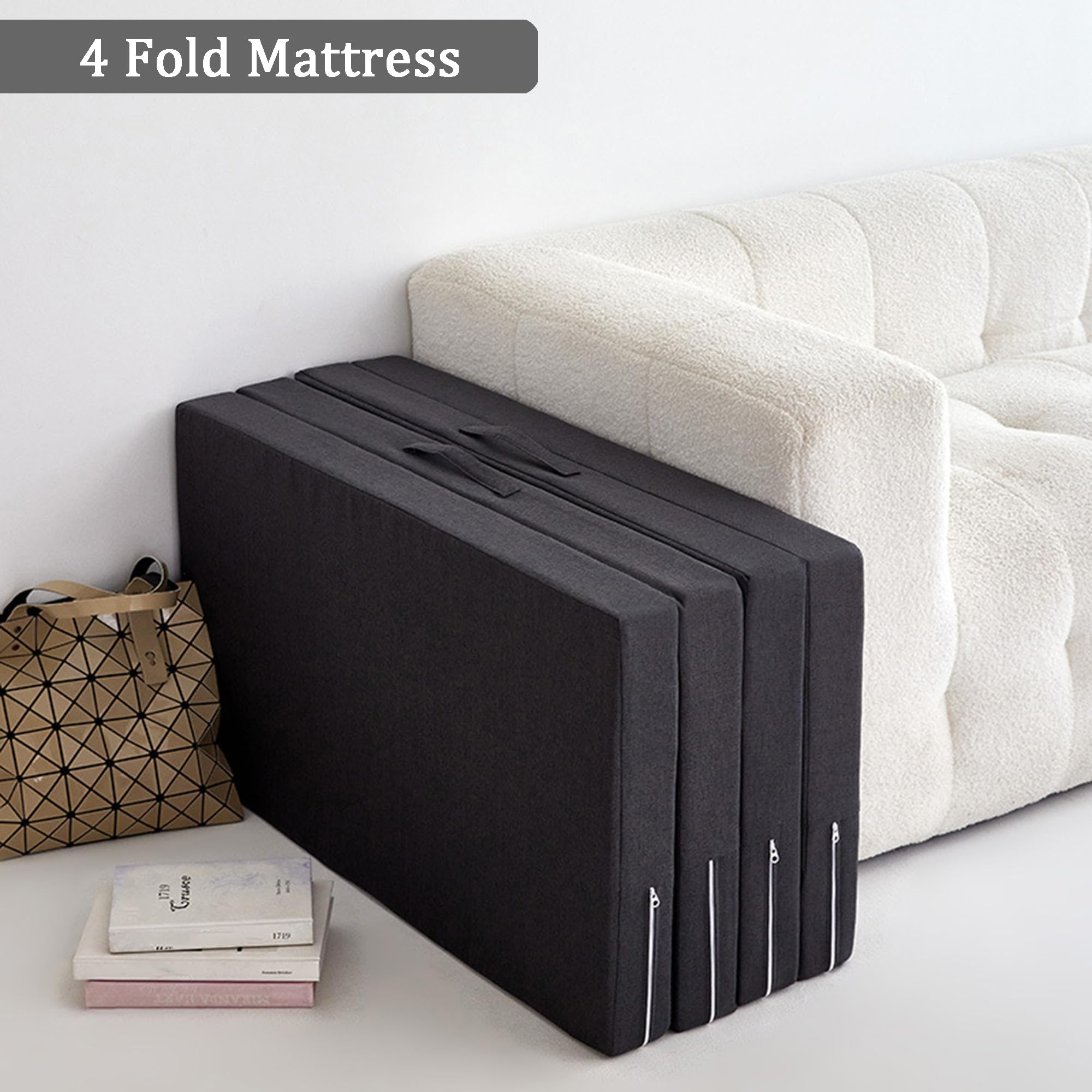 Matelas de sol pliable pour lit simple, lit de sol portable, tapis de couchage avec housse lavable, pliable en quatre, convient pour voyage, camping, lit d'invités, caravanes