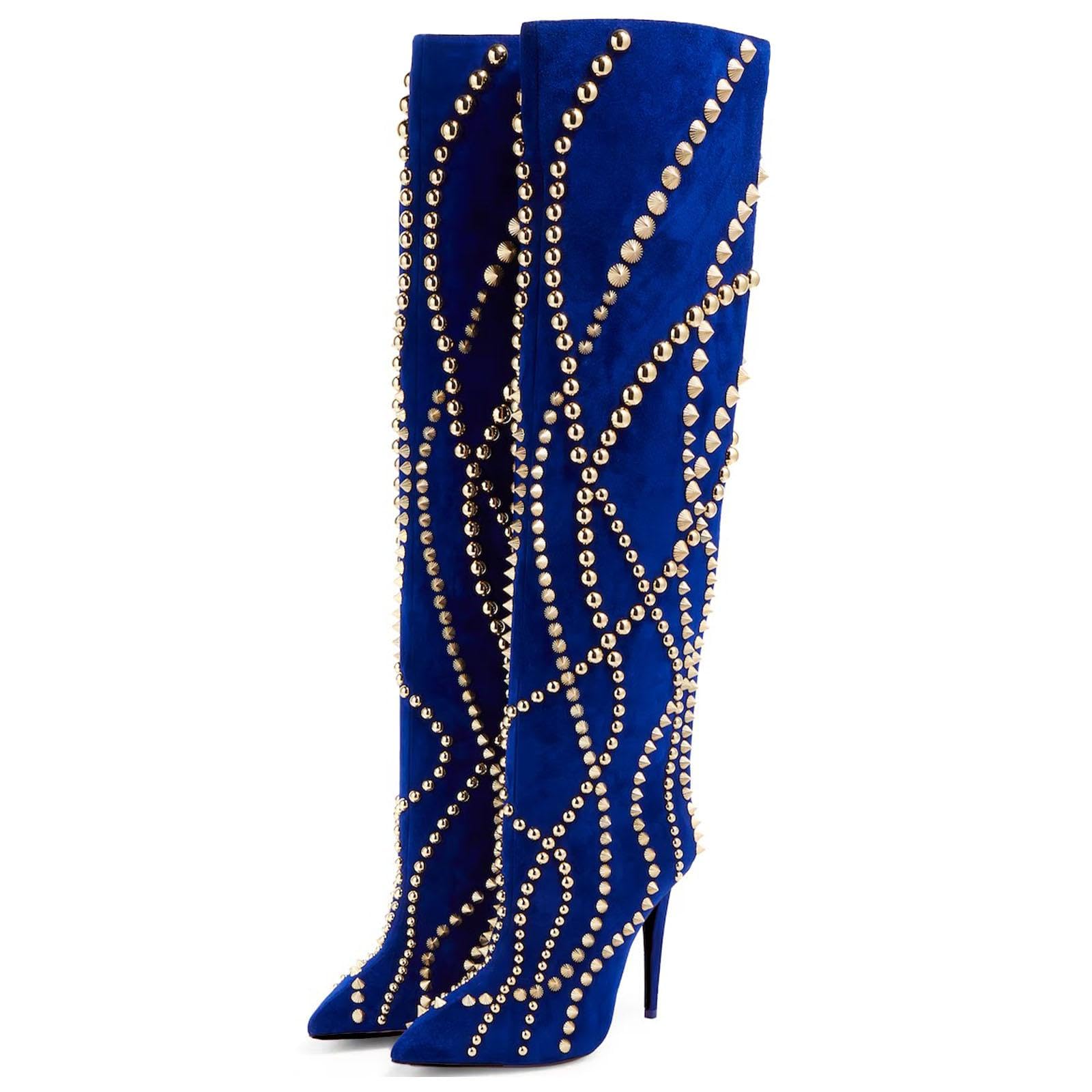 Rivets Thigh High Boots Slouchy Stiletto Heel Pointed Toe Boots Pull On Over The Knee Boot Fashion Dress