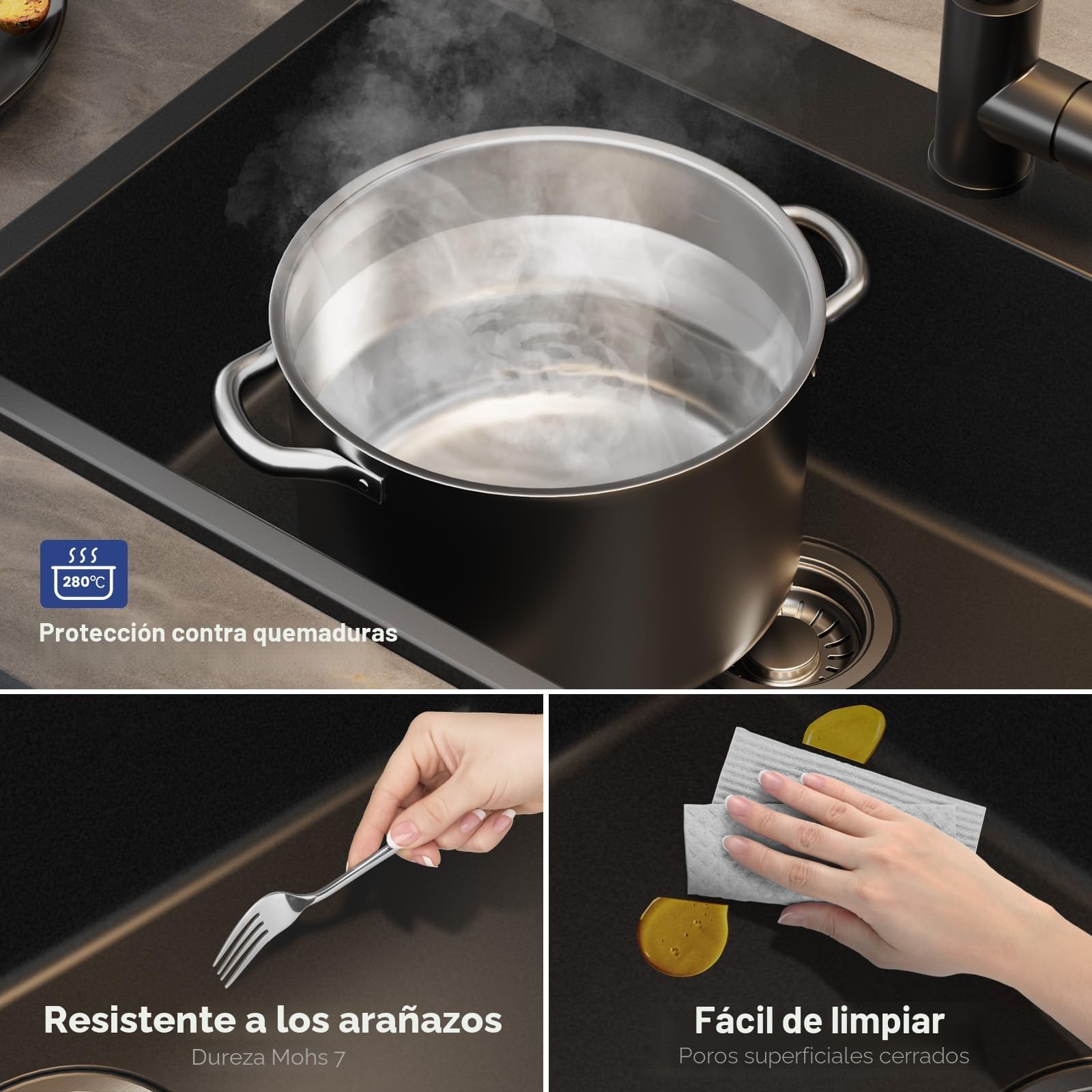 Fregadero de granito negro 70x45 cm con grifo mezclador y juego de ducha extraíble, fregadero de cocina rectangular para mueble bajo de 70 cm, fregadero de cocina con accesorios de drenaje