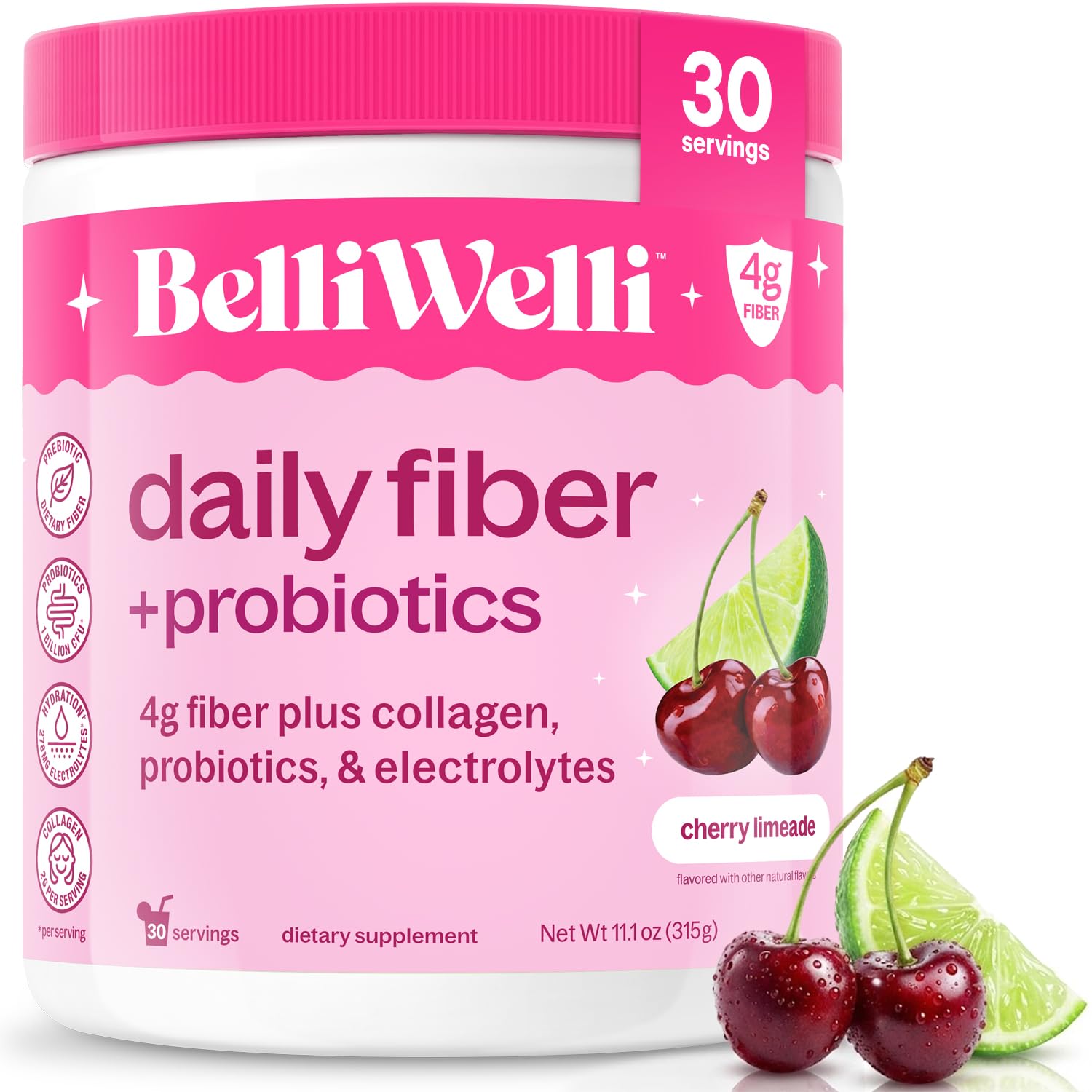 Belli Welli Suplemento de Fibra em Pó, sabor Cherry Limeade, 30 porções, 337 g