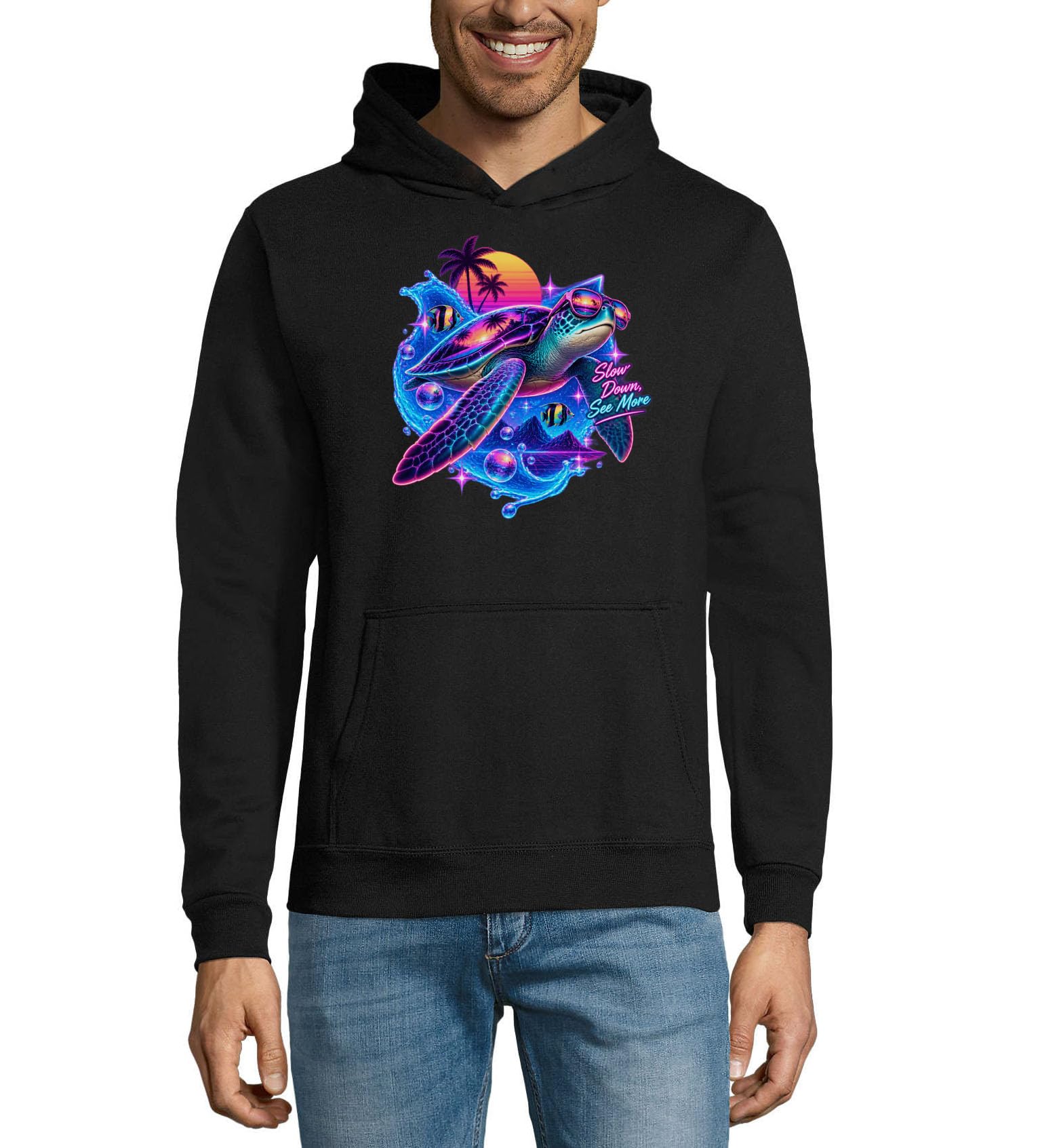 Żywy żółw z zachodem słońca i oceanu wibracje unisex mieszanka bawełny bluza z kapturem bluza z kapturem czarna