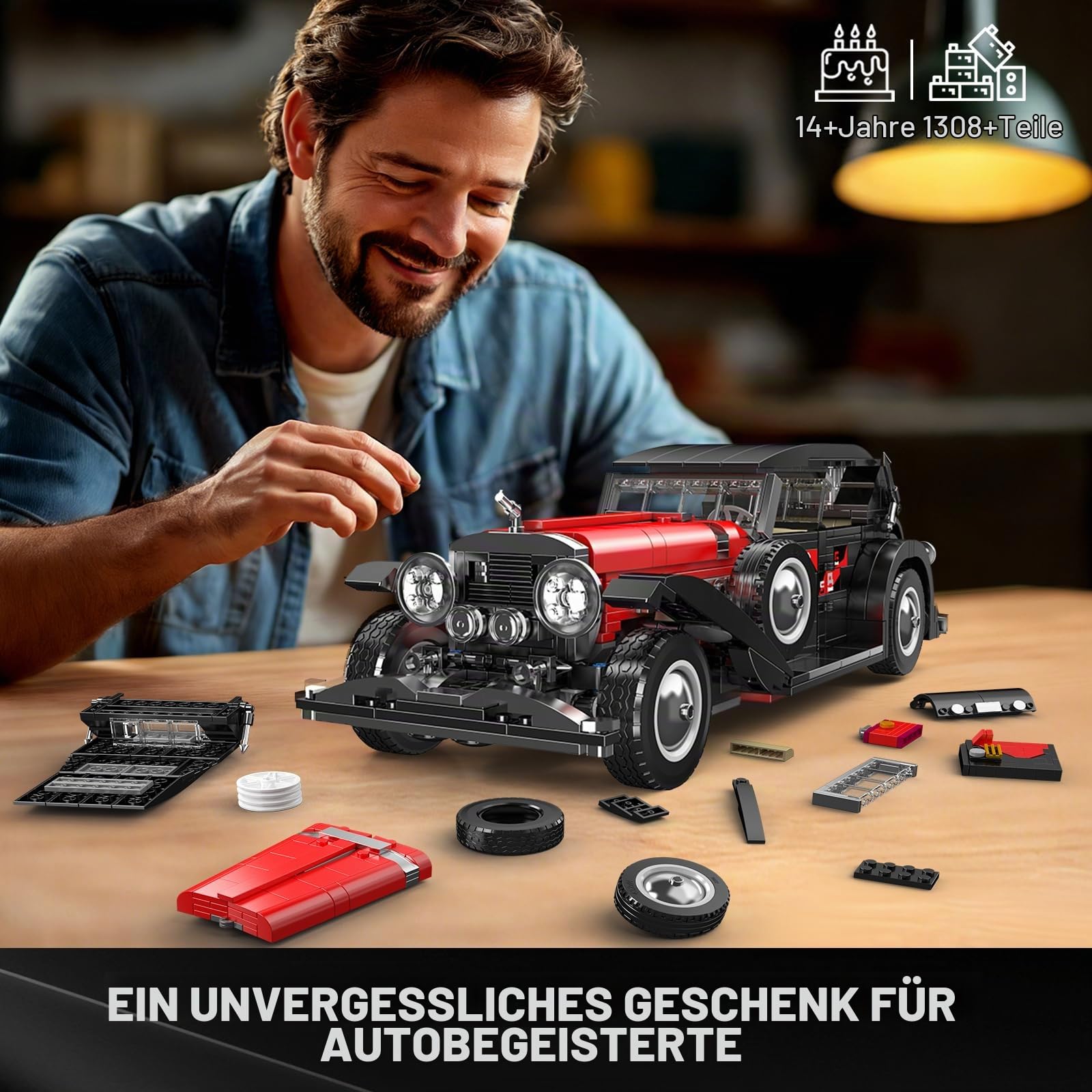 Mould King 10114 MOC Technik Oldtimer Auto Modell Klemmbausteine Bausatz Kit, 1308+ Stücke Klassisches Auto Sammlung Modell, für Jugendliche 14+/ Erwachsene/Fahrzeug Sammler