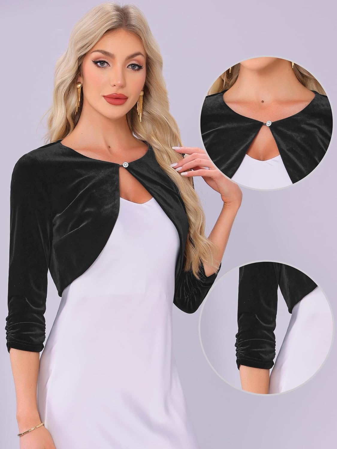 Allegra K Velvet Shrug for Women Crew Neck Ruched 3/4 Sleeves Cocktail Party Cropped Cardigan - Image 2