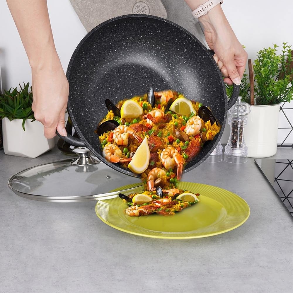 orion group Grande patelnia wok 32 cm ze szklaną pokrywką, powłoka granitowa, nieprzywierająca, indukcyjna, nadaje się do mycia w zmywarce, nie zawiera PFOA, do wszystkich rodzajów kuchenek, czarna